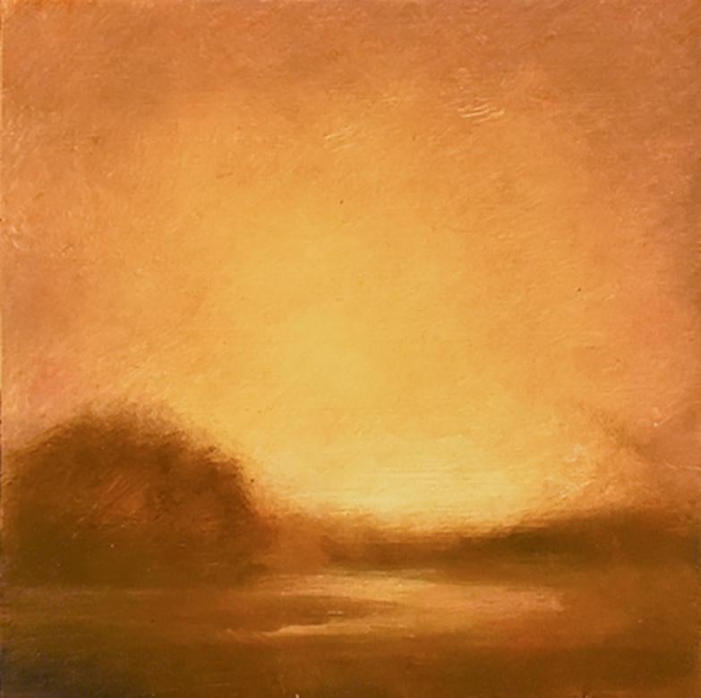 Modern, Luminist and Hudson River School style landscape painting on panel of orange and yellow sunset over a river in soft focus
Small, square landscape painting, 6 x 6 inches unframed, 7.5 x 7.5 inches framed
Simple black frame with sturdy wire