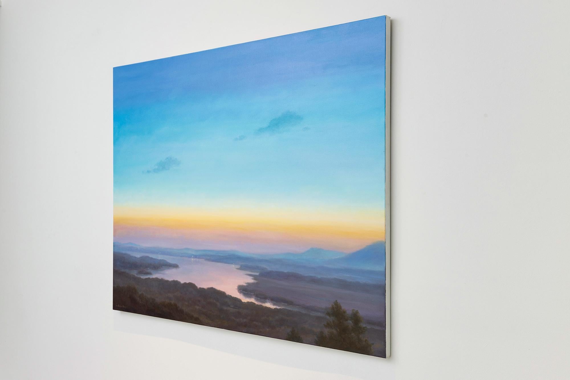 Modern Luminist, Hudson River School landscape painting on canvas of the expansive view over the Hudson River as observed at the top of Olana, the historic home of Frederic Church 
