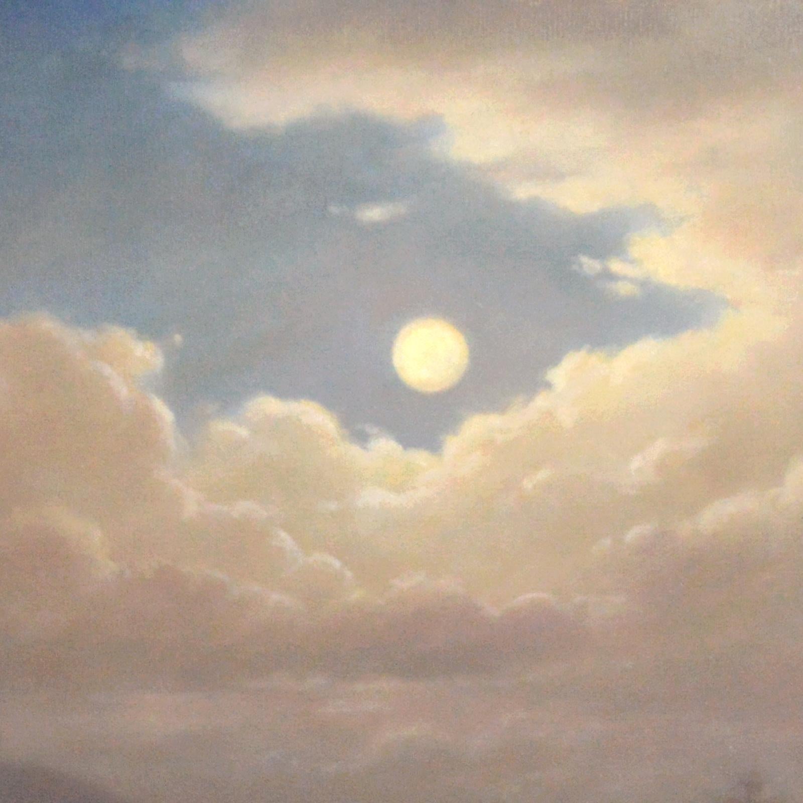 Luminist, Hudson River School inspired landscape of Catskill mountains with moonlit blue sky
