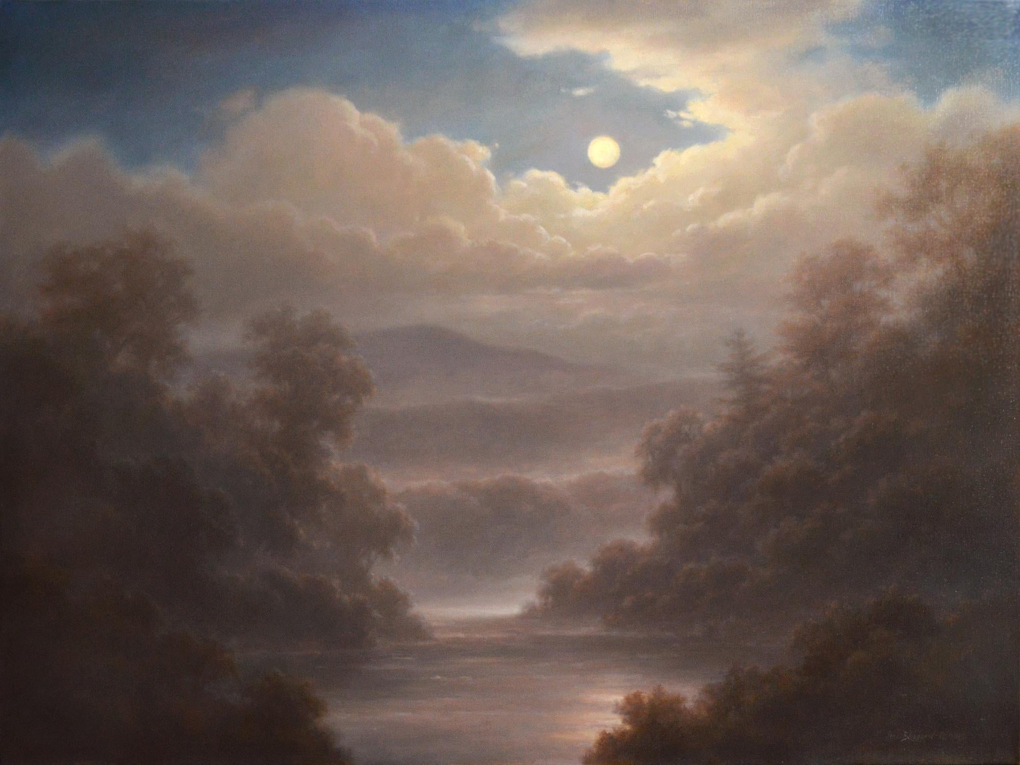 Jane Bloodgood-Abrams Figurative Painting - Moonrise in the Mountains (Hudson River School Style Nighttime Landscape)