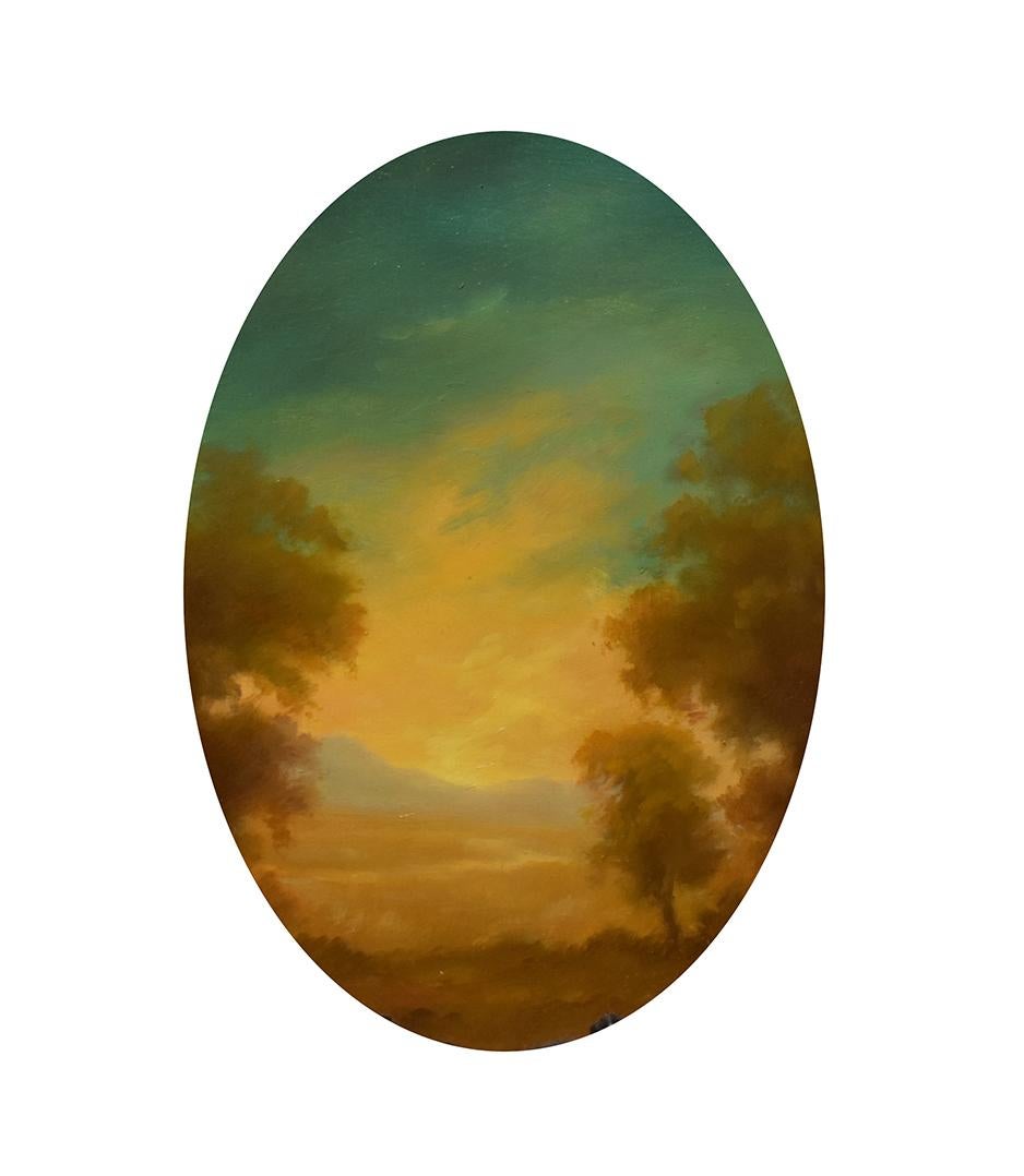 Contemporary Hudson River School landscape painting on oval panel in black Rococo style Italian frame 
'Relic' by Jane Bloodgood-Abrams, 2018
oil on oval panel
8 x 6.5 inch oval unframed
23 x 9.5 x 5 inches in ornate Rococo Italian black wooden