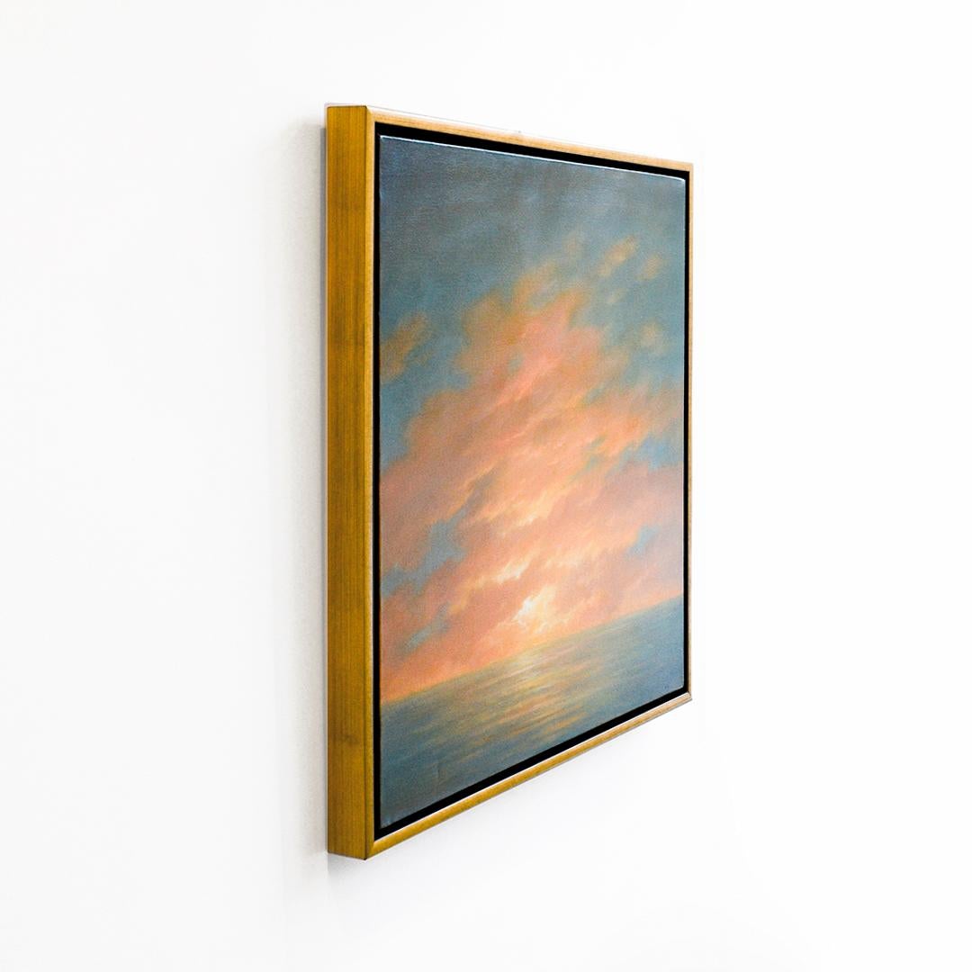 Modern Luminist, Hudson River School style landscape painting on panel of a sunset over a river valley by Jane Bloodgood-Abrams
Square landscape painting, 30 x 30 inches unframed, 32 x 32 x 1.5 inches framed
gold/brass colored frame, wired on
