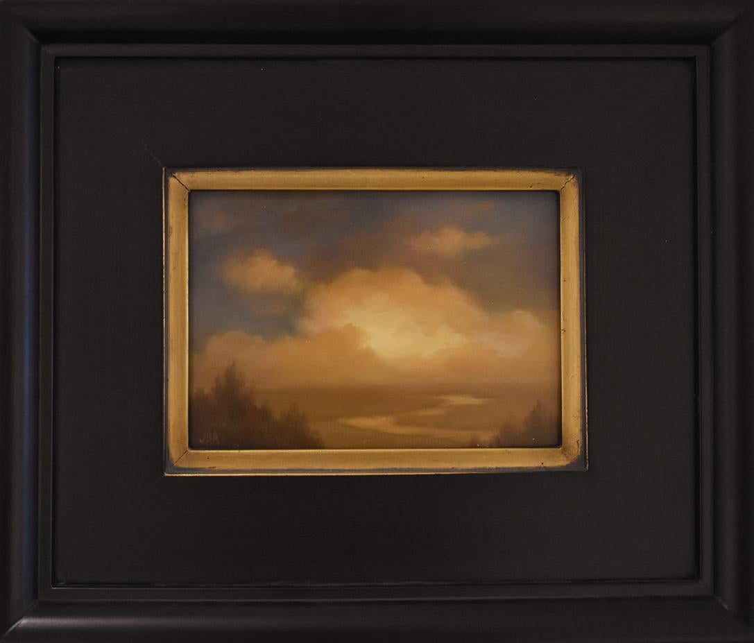 Jane Bloodgood-Abrams Landscape Painting - River and Cloud Study (Oil Painting of Hudson Valley Landscape in Vintage Frame)