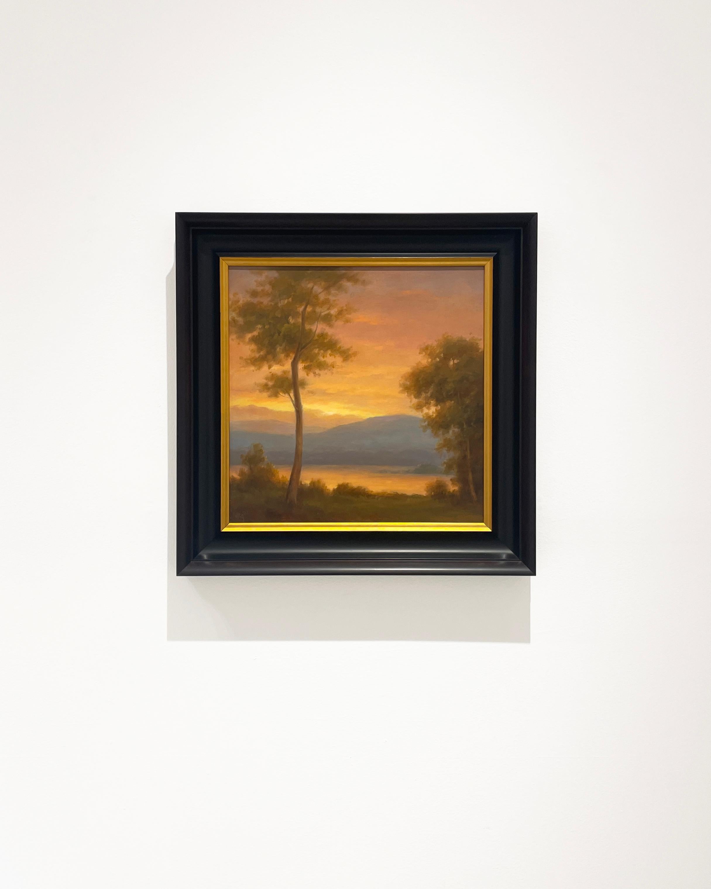 Sunset on the River (Hudson River School Landscape Painting on Panel, Framed) 1