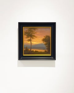 Sunset on the River School, peinture de paysage sur panneau, encadrée