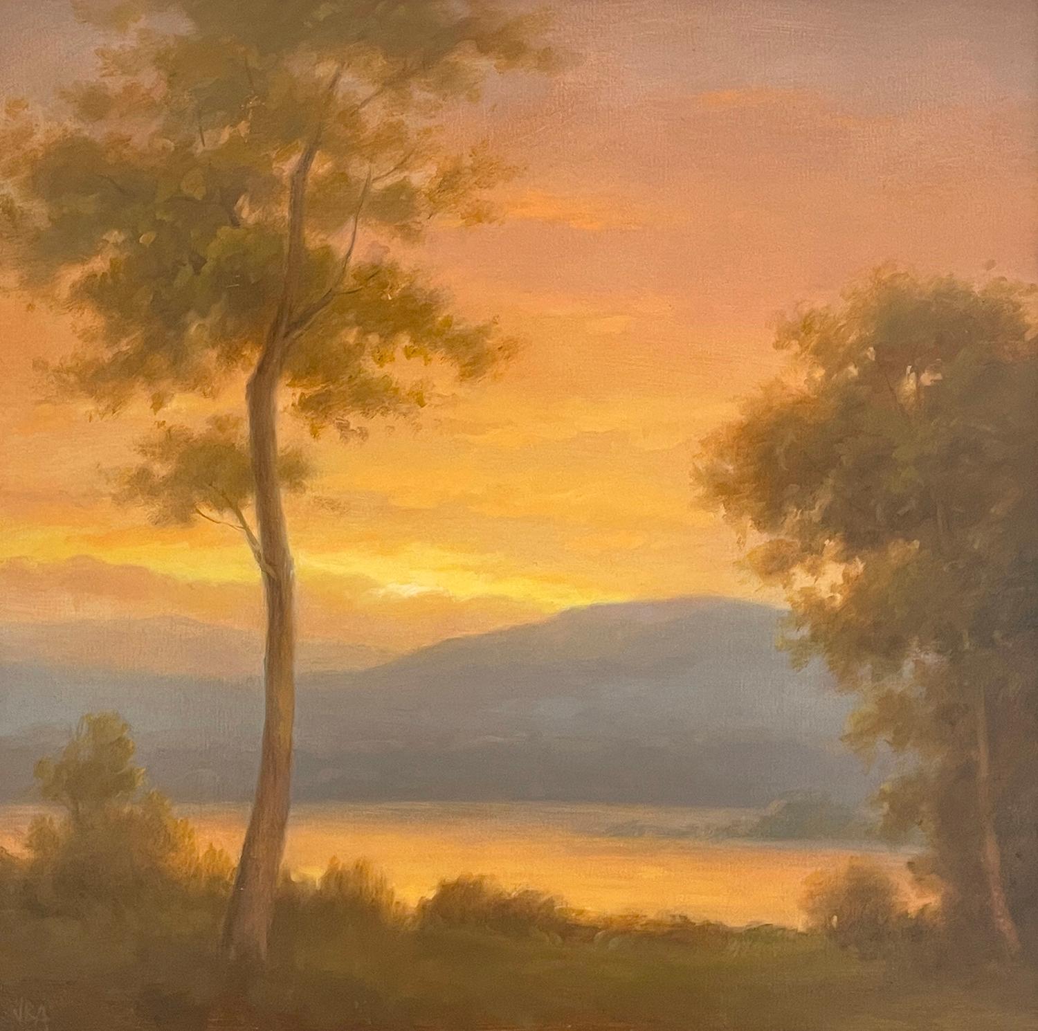 Sunset on the River (Hudson River School Landscape Painting on Panel, Framed) 3