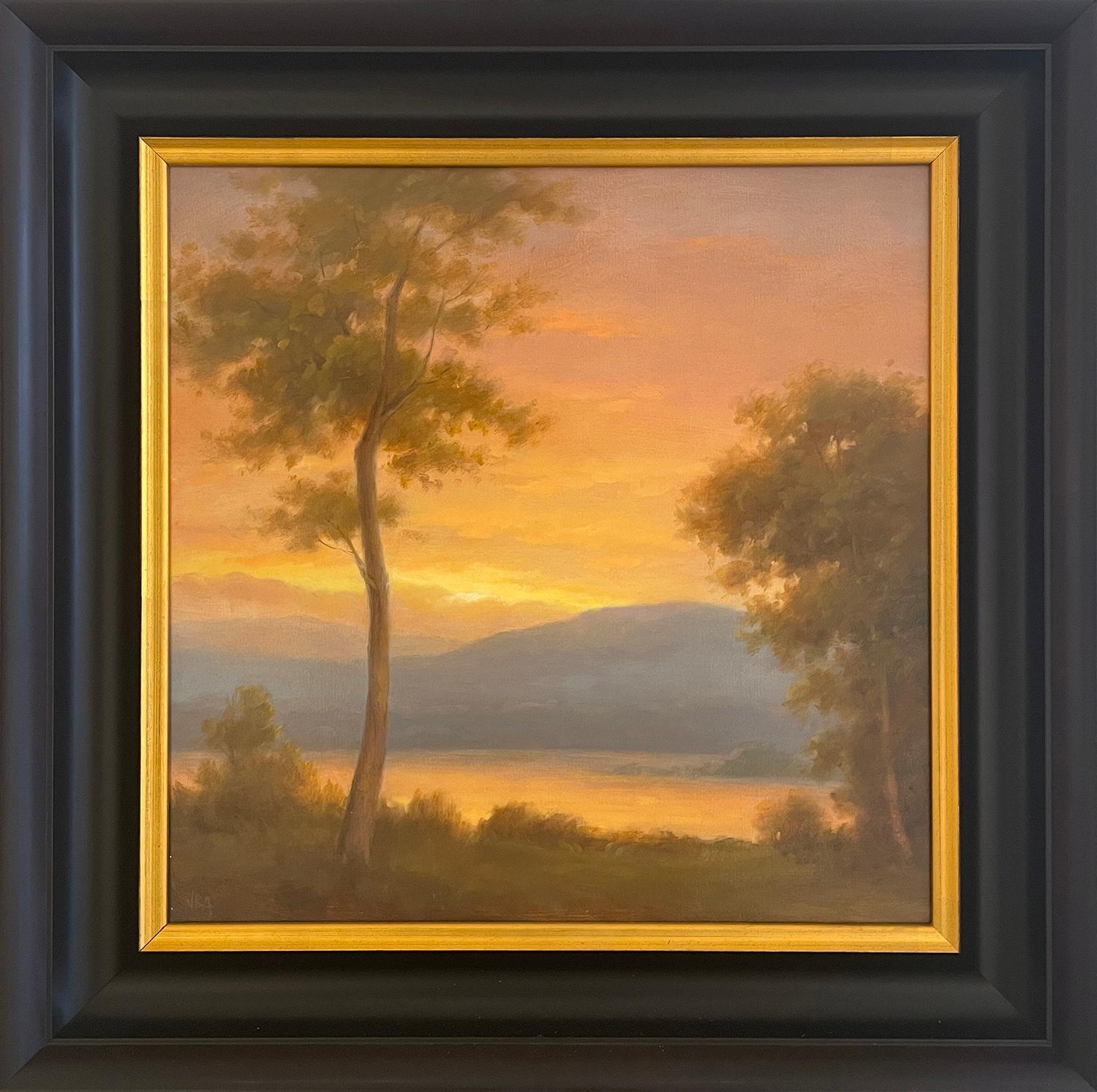 Traditional landscape painting in the style of the Hudson River School painted by Jane Bloodgood-Abrams
"Sunset on the River", made in 2024
Landscape painting of a vibrant sunset against blue mountains and a calm river valley 
16" X 16" image size /