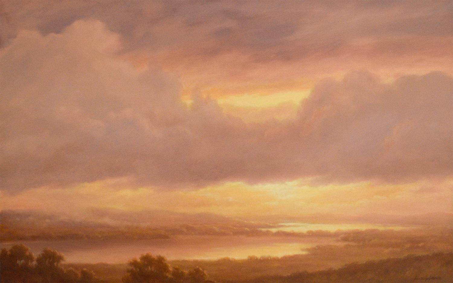 Academic style, Hudson River School landscape painting of a orange and yellow sunset over the Hudson River and Catskill Mountains
"The Valley Luminous" by Jane Bloodgood-Abrams, painted in 2019
30 x 48 inches oil on canvas, 32 x 50 inches in black