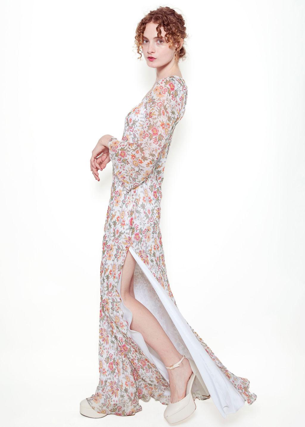 Beige Jane Booke Floral Chiffon Dress With Slit For Sale