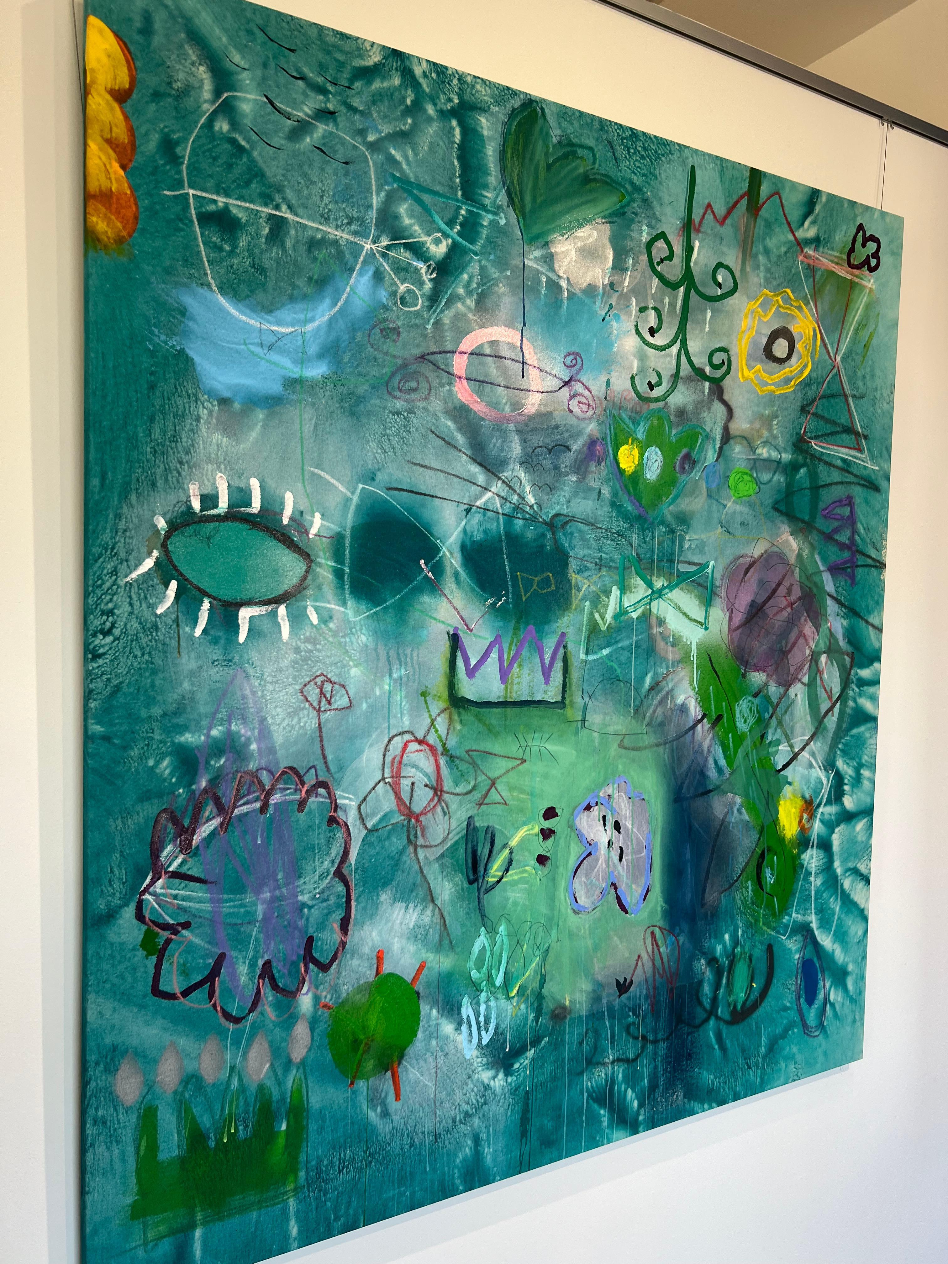 Botte abstraite/ multimédia/florale/turquoise/bleu_Jane, Flea Market, 2022 - Painting de Jane Booth