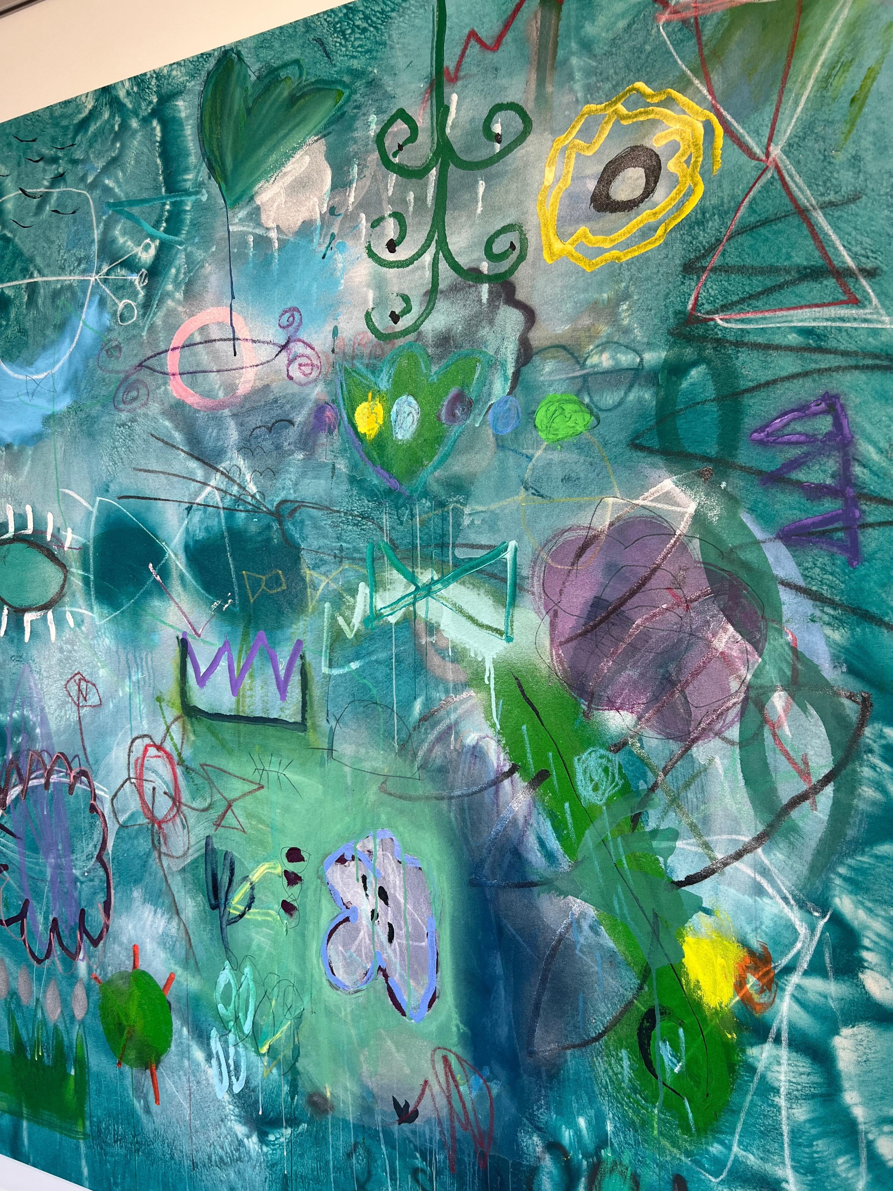 Botte abstraite/ multimédia/florale/turquoise/bleu_Jane, Flea Market, 2022 - Abstrait Painting par Jane Booth