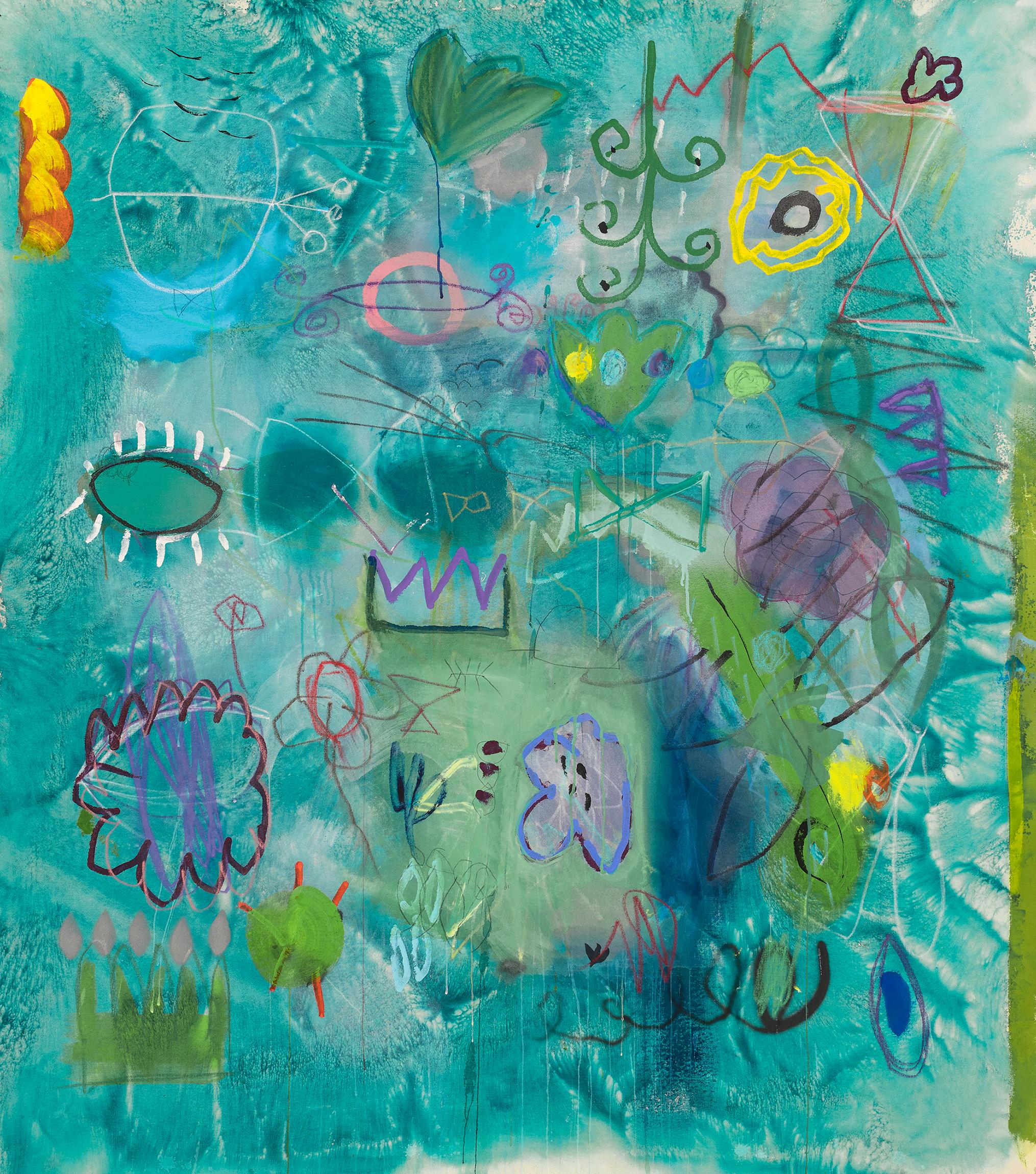 Flea Market, 2022_Jane Booth_Turquoise/Mixed Media/Floral/Abstract