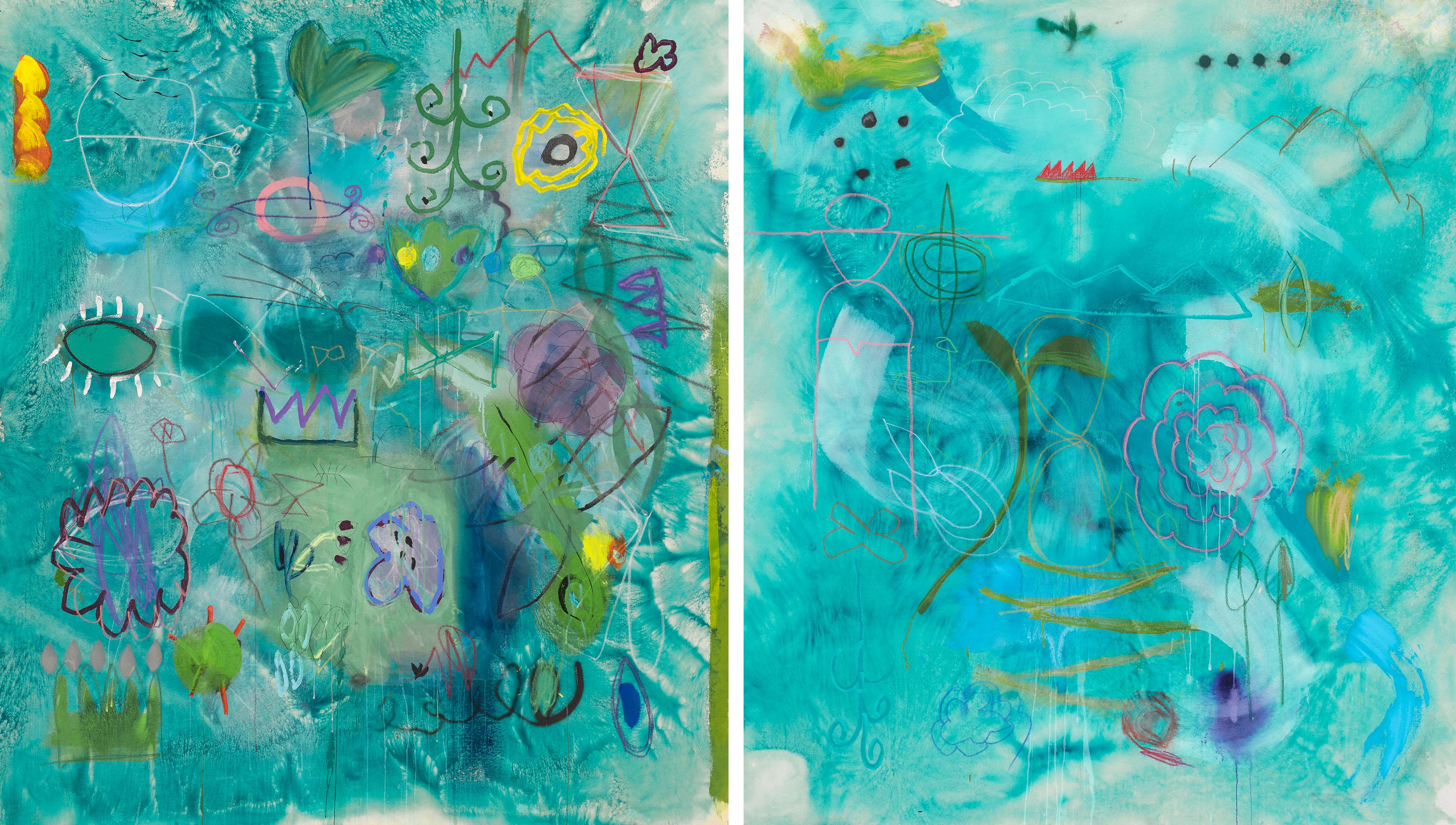 Mixed Media Abstract Diptych in Green, Blue, Turquoise by Jane Booth