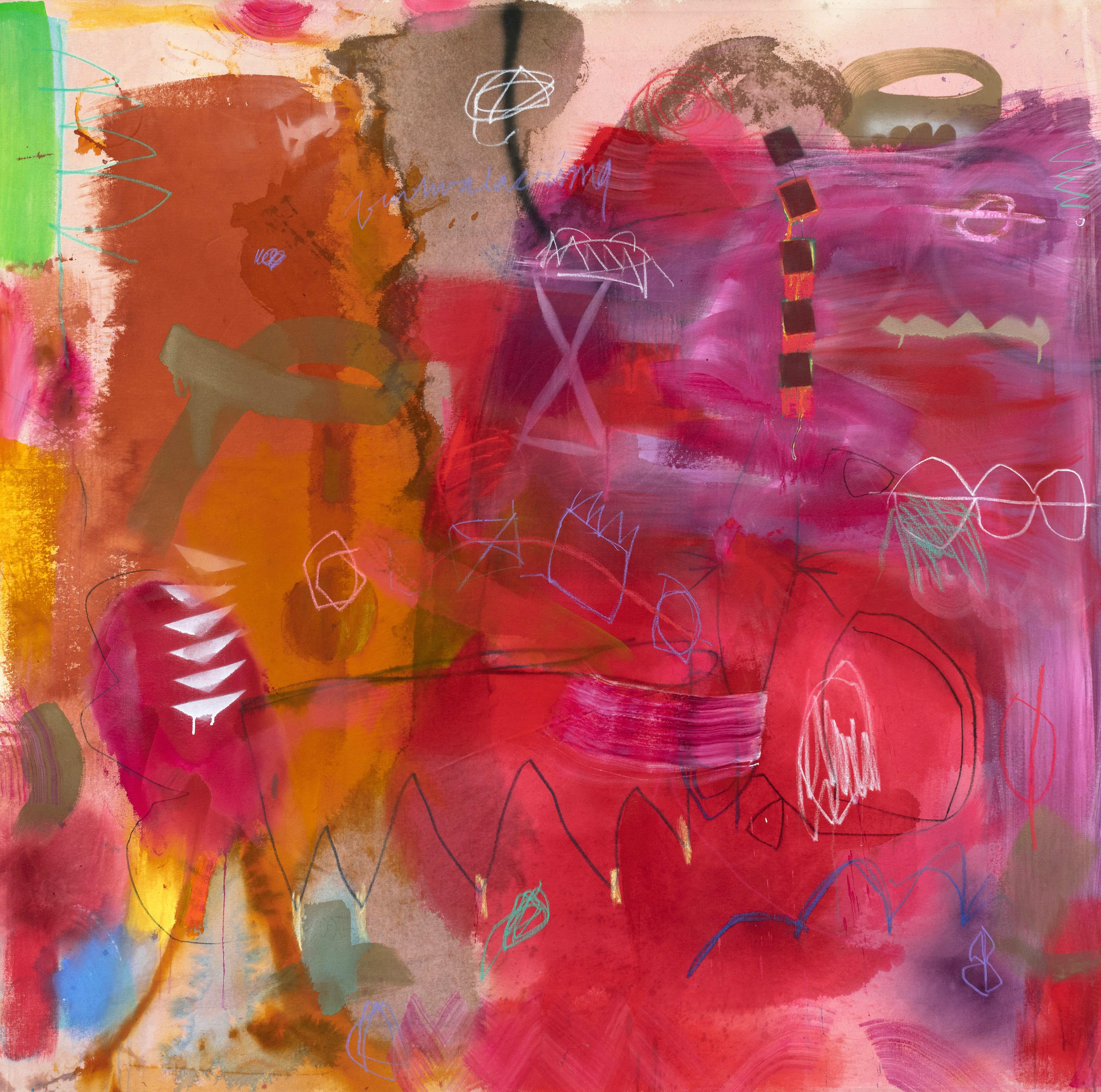 Jane Booth
"Mozambique
Acrylique, peinture en aérosol, peinture domestique, crayons de couleur sur toile brute
65 x 64 in.

"Il y a deux polarités vers lesquelles je gravite dans mon travail : l'une est primordiale et atmosphérique tandis que