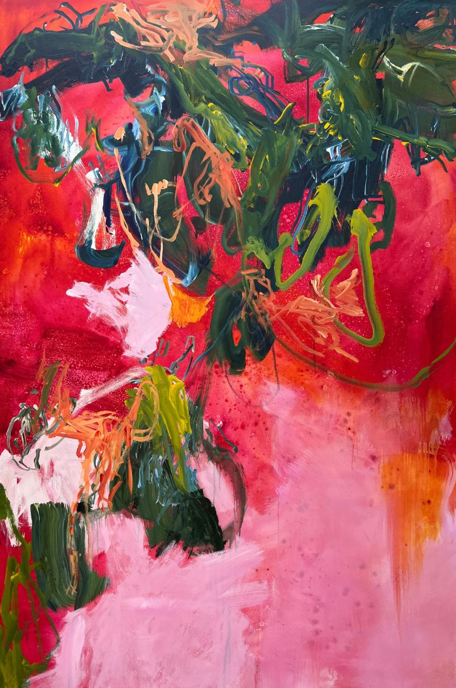 A true show stopper! This original is comprised of 3 separate panels (also sold individually upon request) that will add a vibrant pop of color and movement to your space. Titled Passion Play and created by Jane Burton.  Her work can be found in