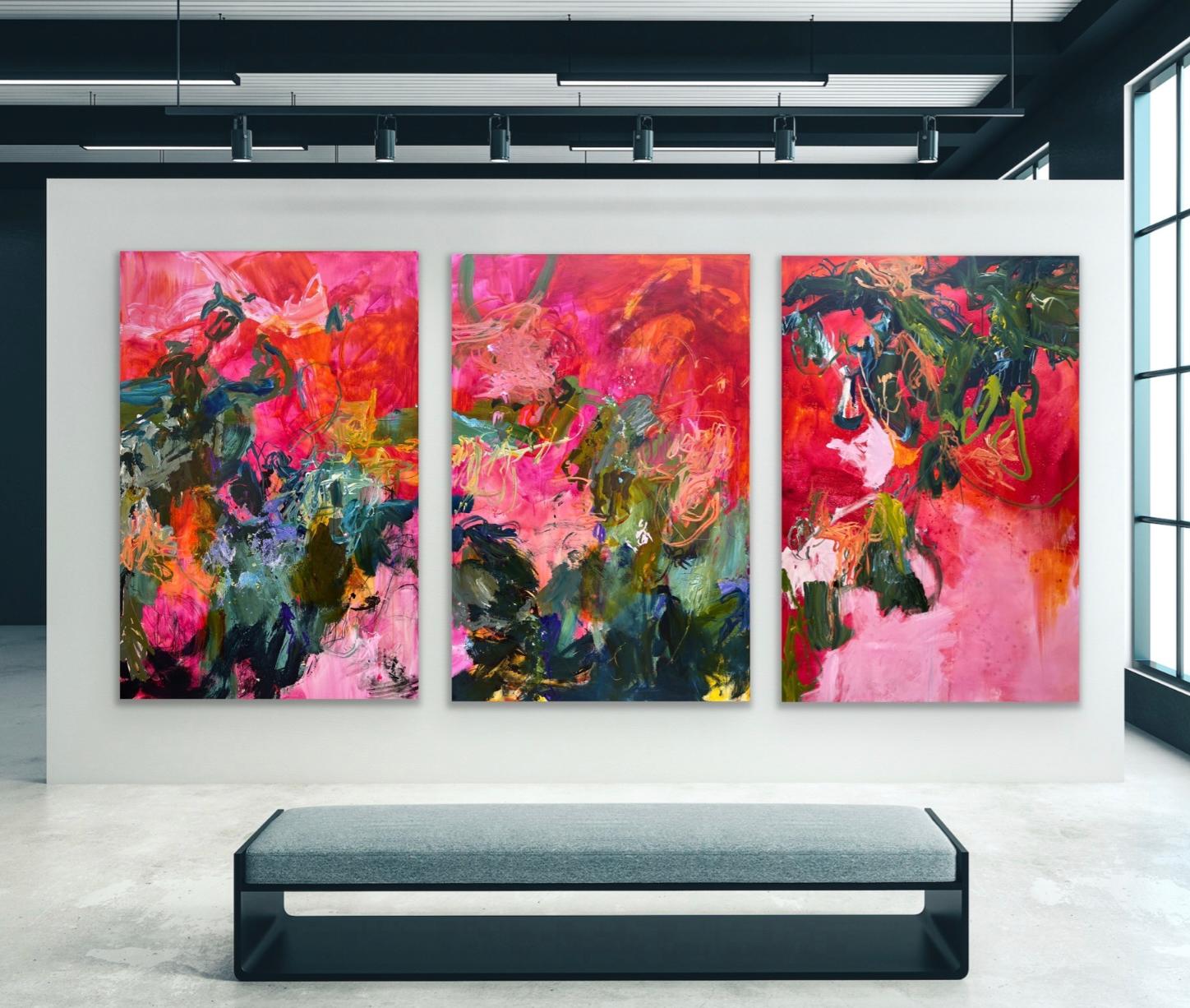Jane Burton Abstract Painting - Contemporary Abstract Triptych. Colorful. Vibrant. Expressionistic & large scale