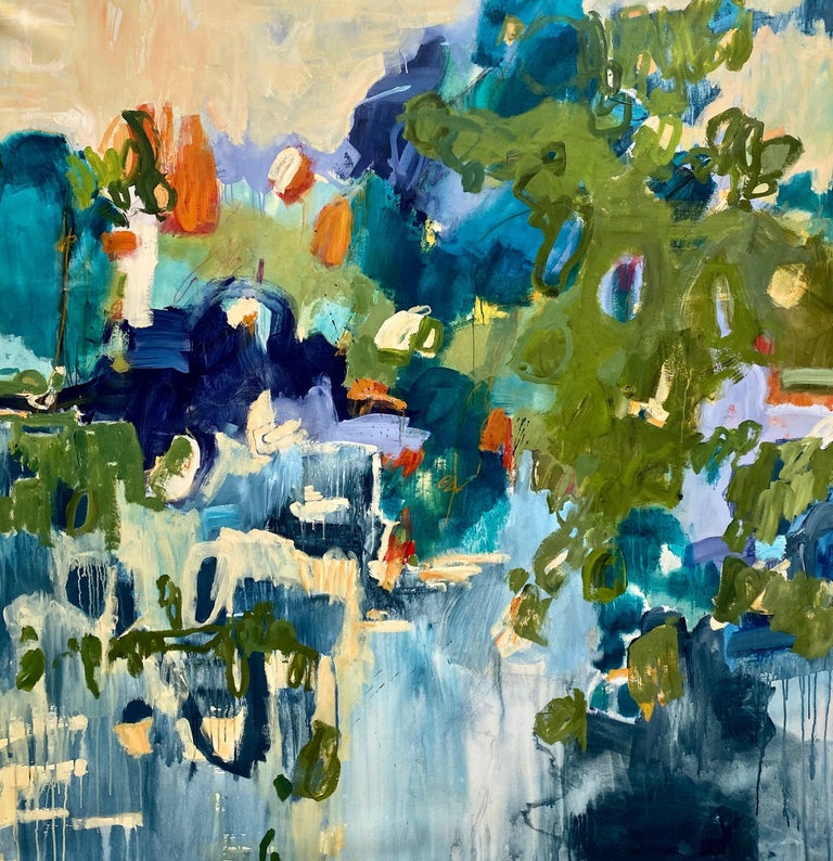 Jane Burton Abstract Painting - Extra Large Blue Green Orange Yellow Floral Abstract Contemporary Painting 75x75