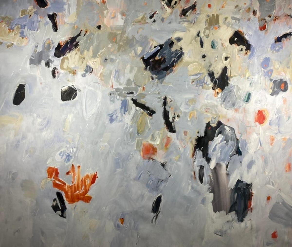 Jane Burton Abstract Painting - Oversized Modern Floral Abstract Pale Blue Yellow Grey Cream Orange Black 67x76