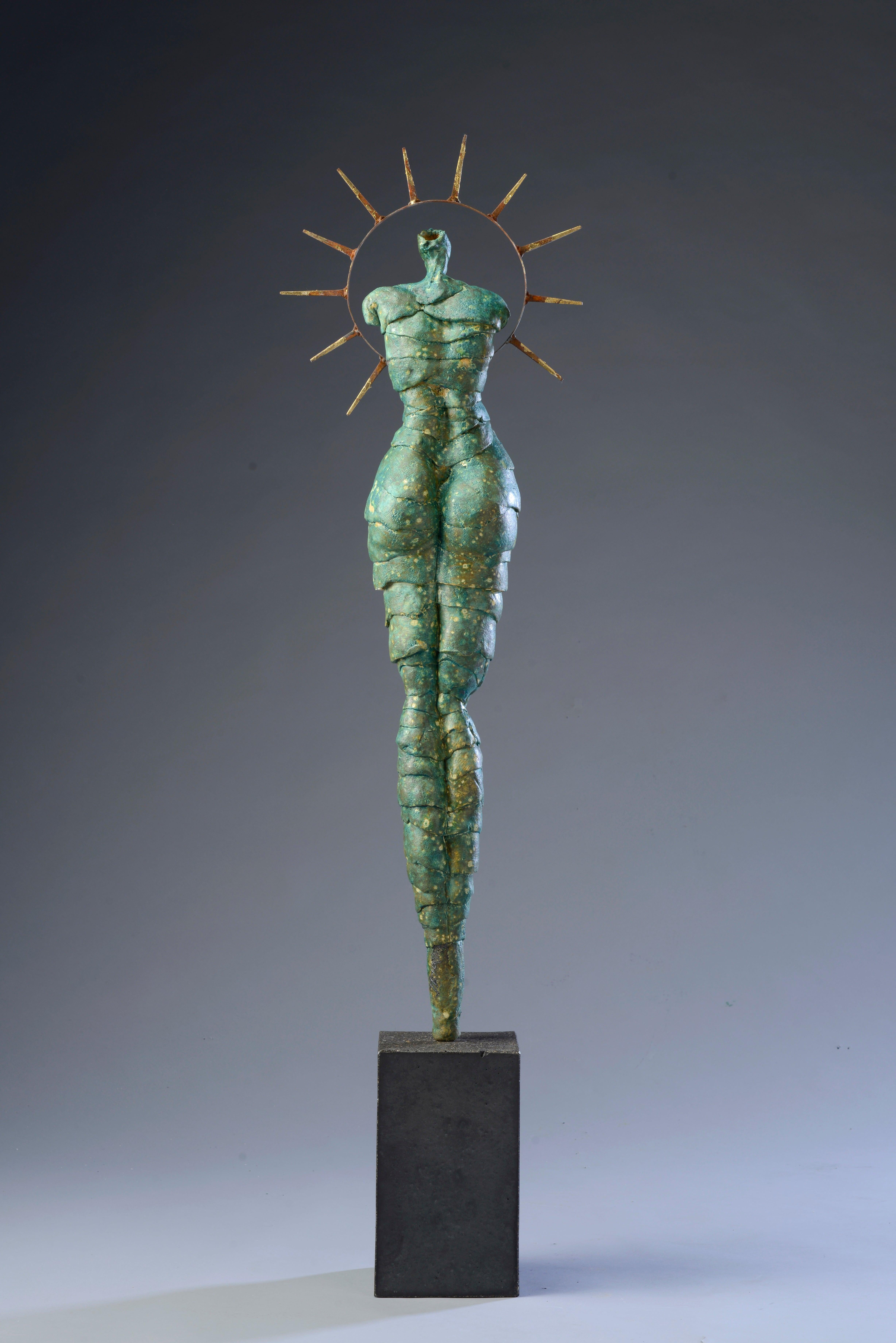Contemporary Figurative Sculpture Ceramic Green Gold Patina Female Nude Body 52