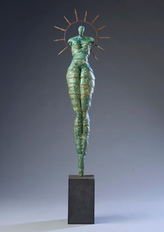 Contemporary Figurative Sculpture Ceramic Green Gold Patina Female Nude Body 52"