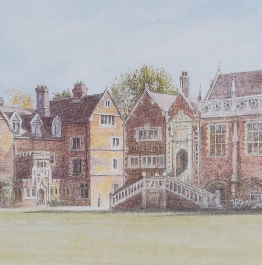 Old Court, Selwyn College, Cambridge, litografía de Jane Carpanini - Print Realista de Jane Carpanini 