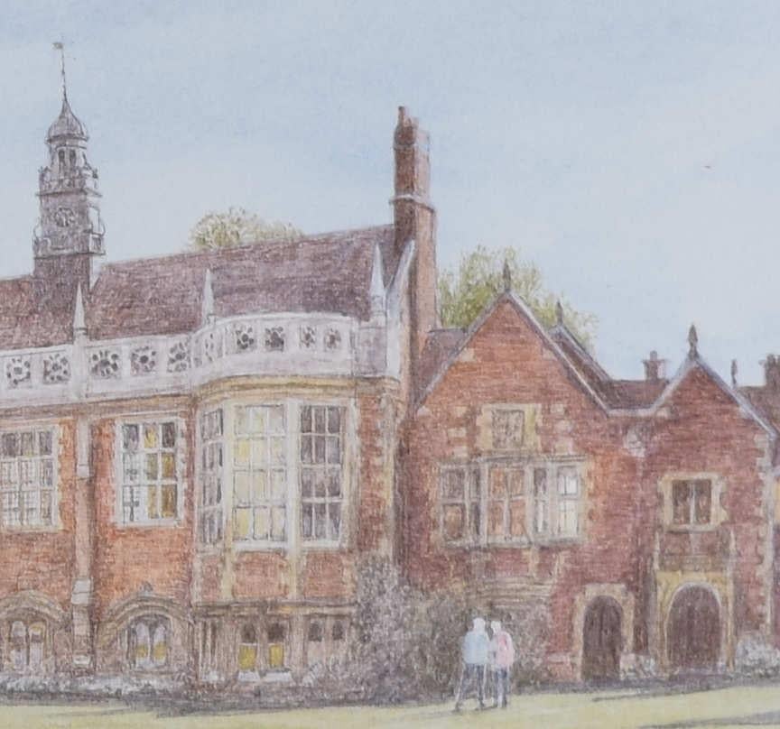 Old Court, Selwyn College, Cambridge, litografía de Jane Carpanini - Landscape Print Gris de Jane Carpanini 