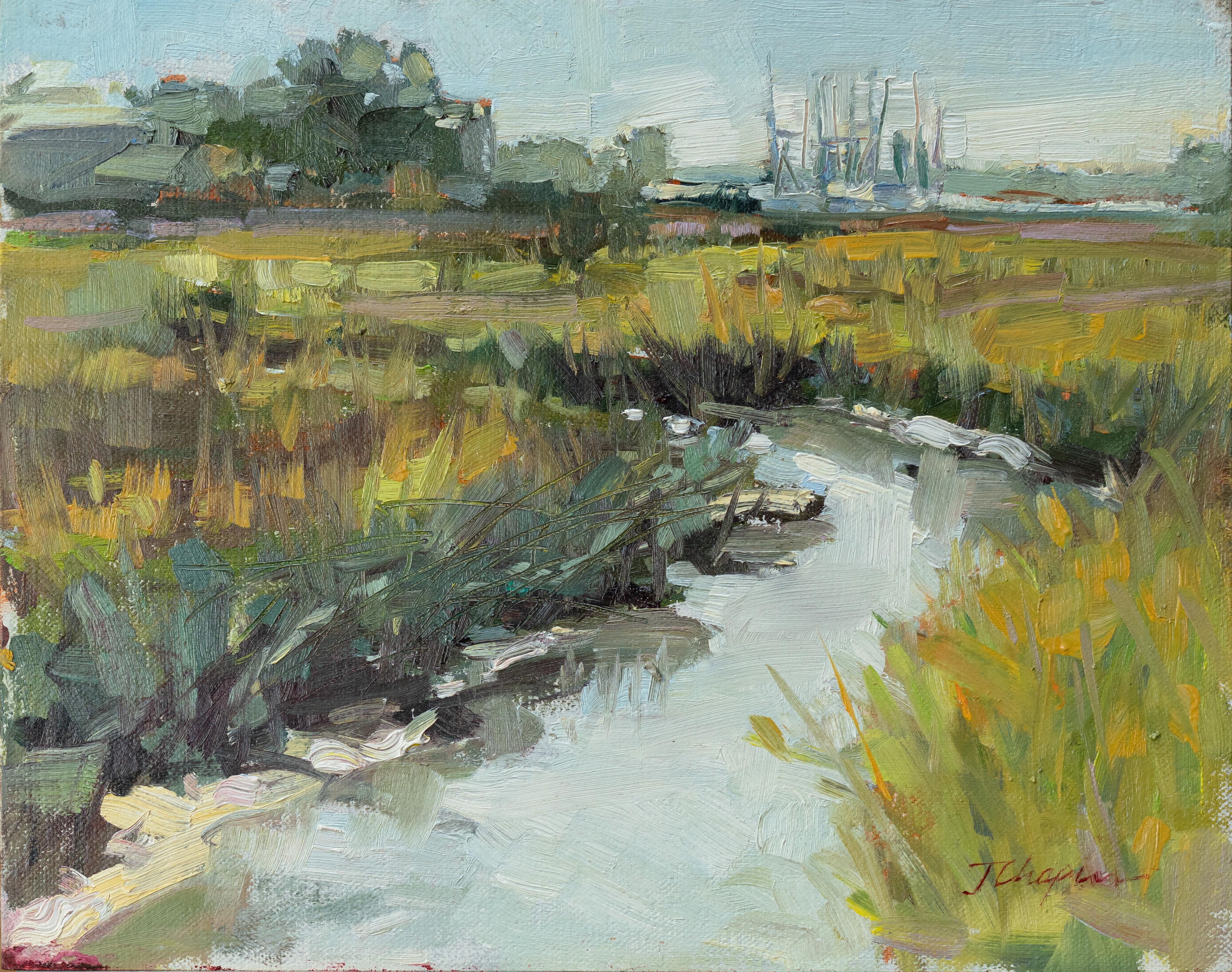 Coming In & Going Out ( Plein Air Landscape painting green yellow colors) - Painting by Jane Chapin