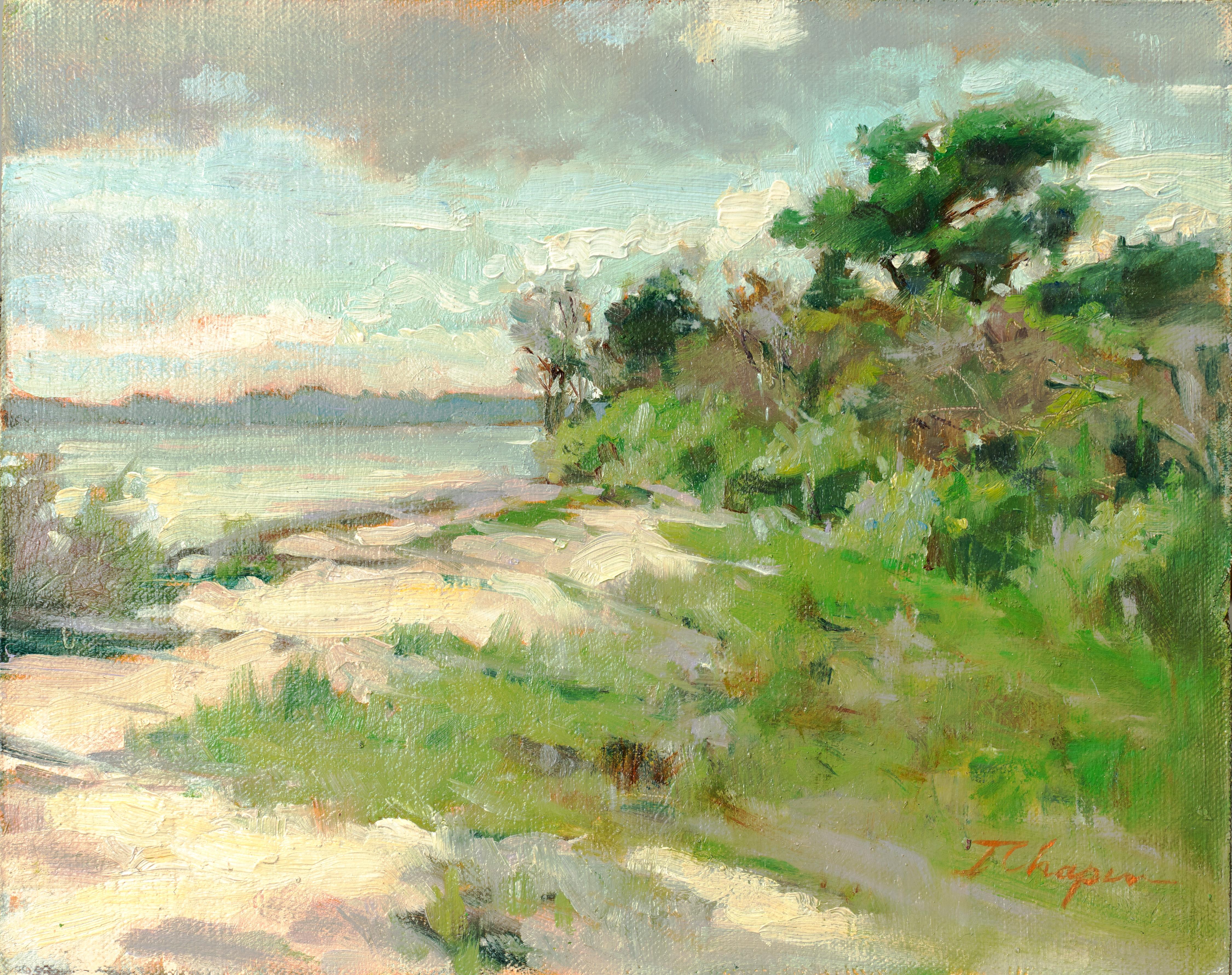 Jane Chapin Landscape Painting - Storm Over Assateague ( Plein Air Landscape painting light green yellow blues)