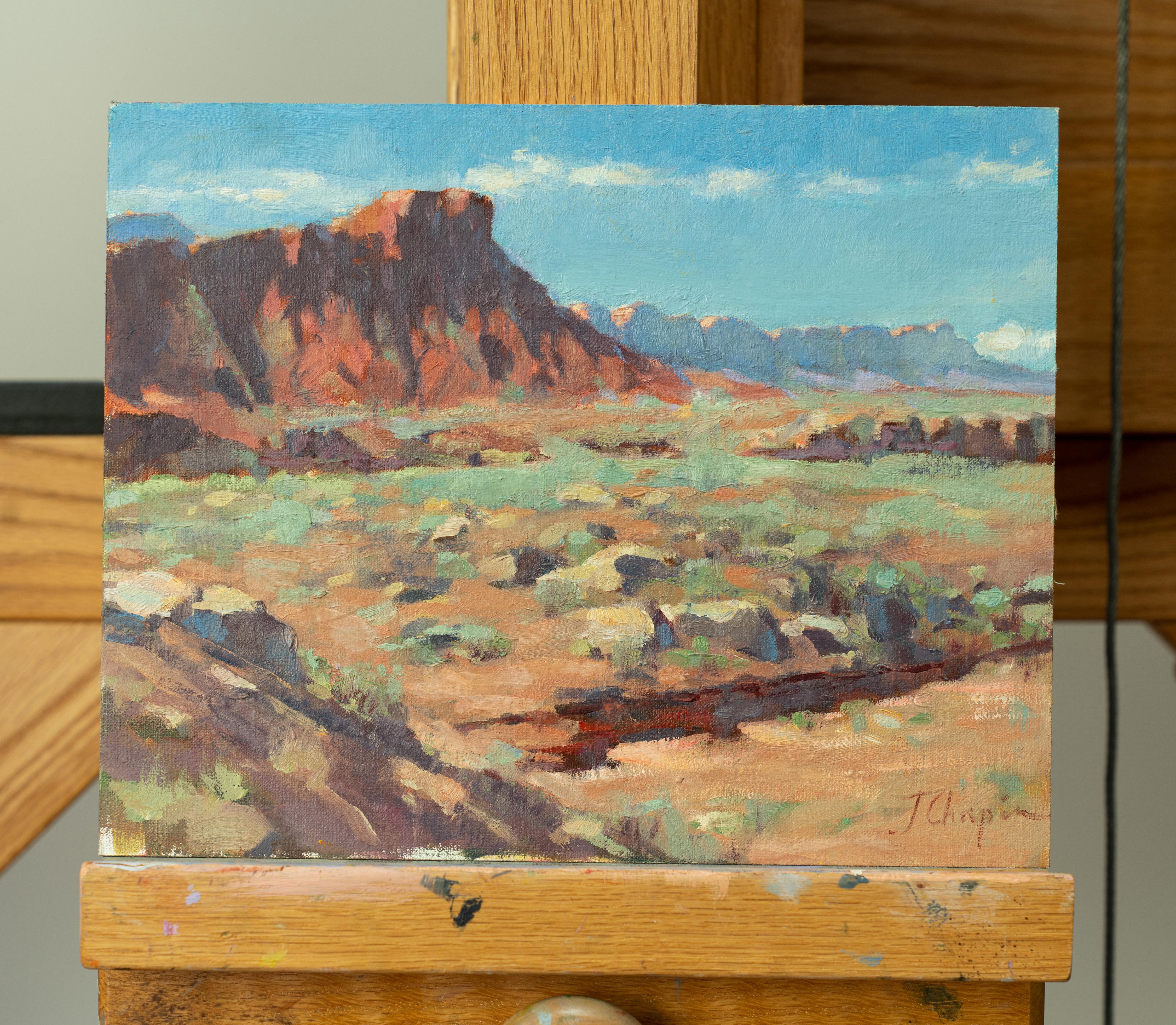 Vermillion at Lee's Ferry (peinture de paysage en plein air en terre cuite bleu ciel) - Painting de Jane Chapin