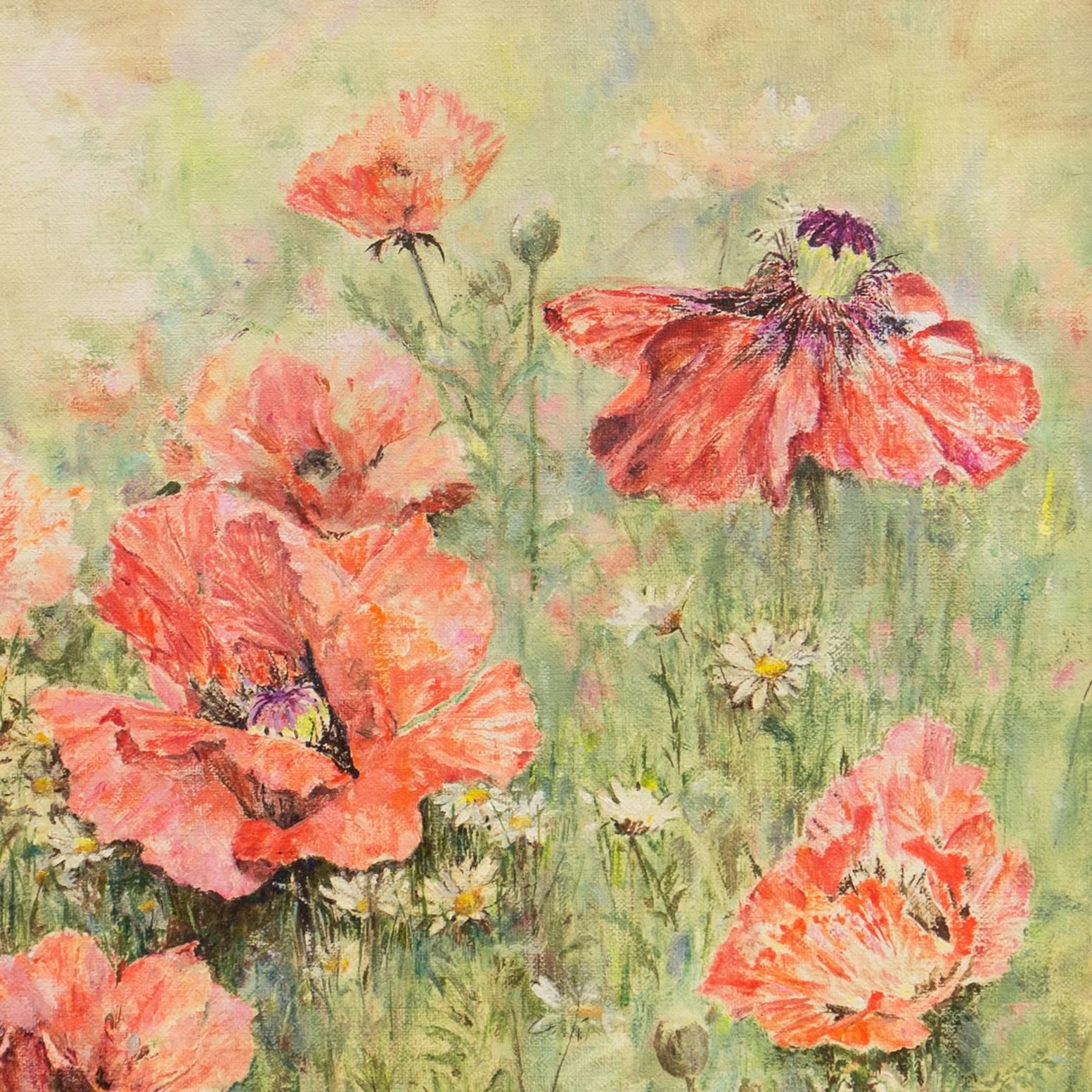 'Field of Wild Poppies', American Impressionist, Woman Artist, Horticultural Oil - Beige Landscape Painting by Jane Chenoweth