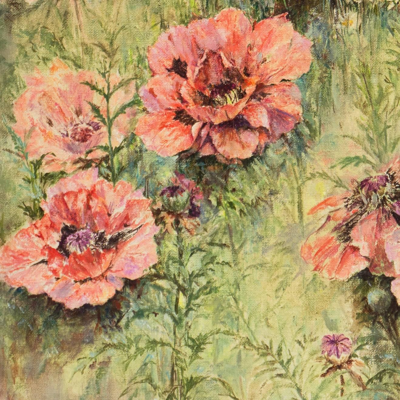 Signed lower right, 'Jane Chenoweth' for Jane Chenoweth (American, 20th century). 

Oil botanical showing a field of vermilion poppies with white and gold daisies contrasted against a scumbled, jade-green background of wild grasses.

A highly