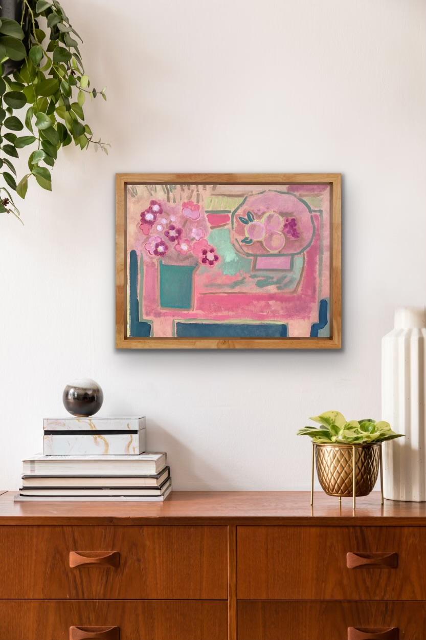 Pink Still Life with Grapes, Blossom and Quince, French Still Life Painting - Brown Still-Life Painting by Jane Courquin 