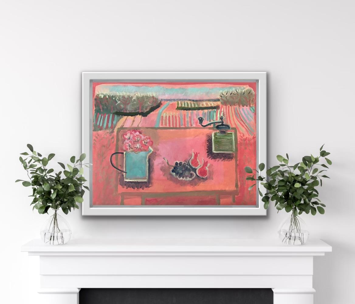 Pink Tablescape by Jane Courquin, Still life painting, Landscape painting  - Painting by Jane Courquin 