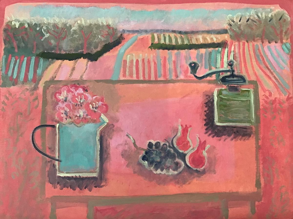 Paysage de table rose de Jane Courquin, peinture de nature morte, peinture de paysage 