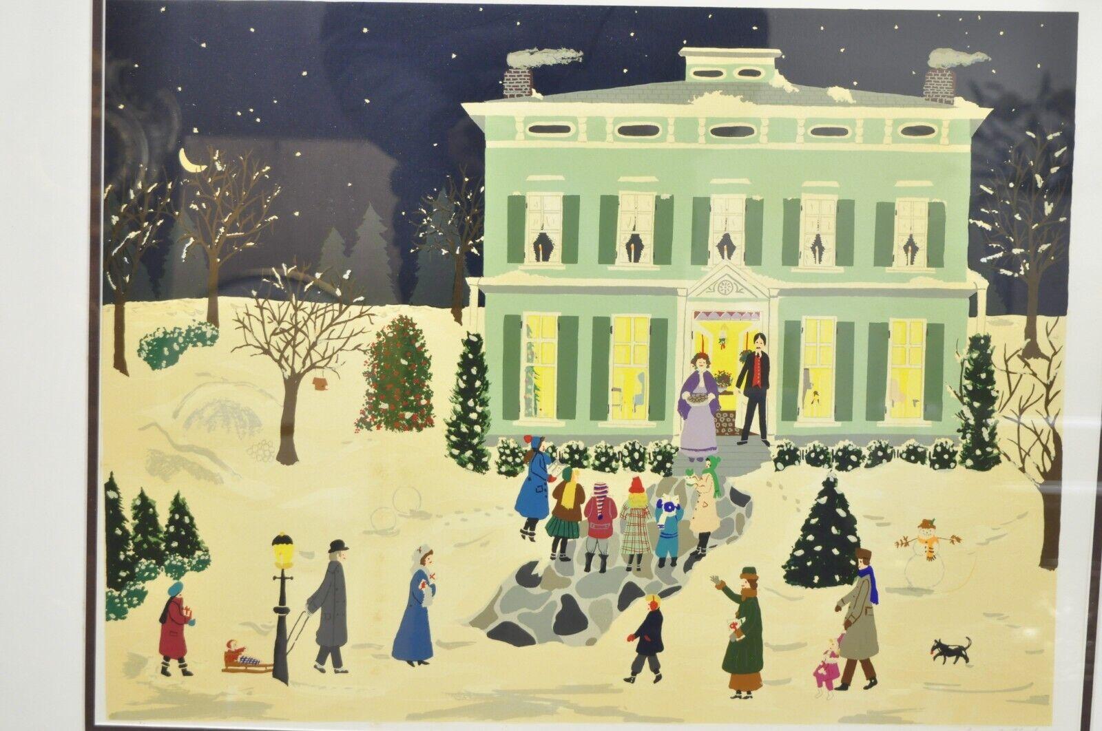 Jane Currie Clark signed original Serigraph Christmas Carolers Art. Item features original signature, plexiglass front, wood frame. circa 1980s. Measurements: 27