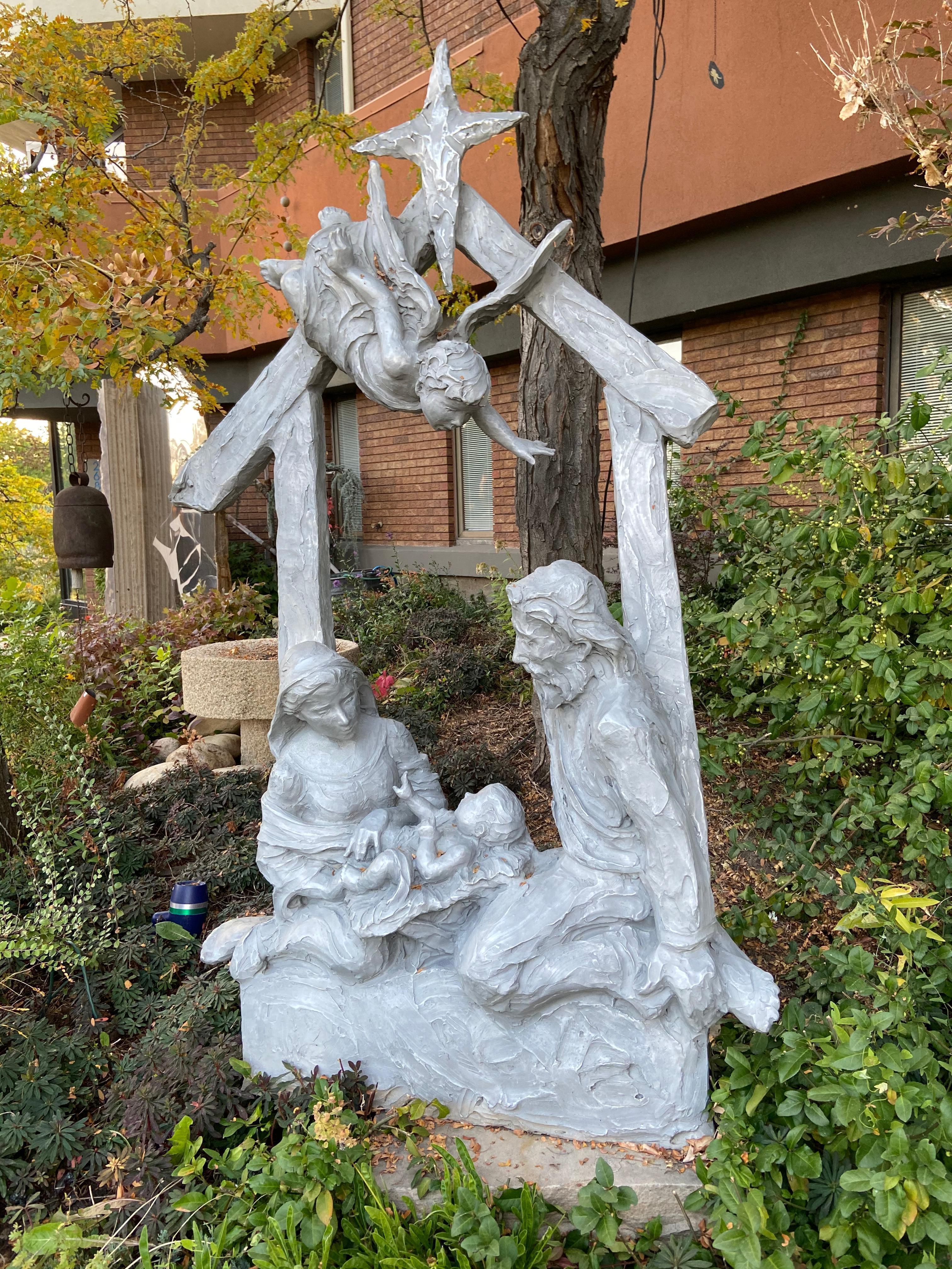 Jane DeDecker Figurative Sculpture - The Present (Nativity Creche) 90" high cast aluminum