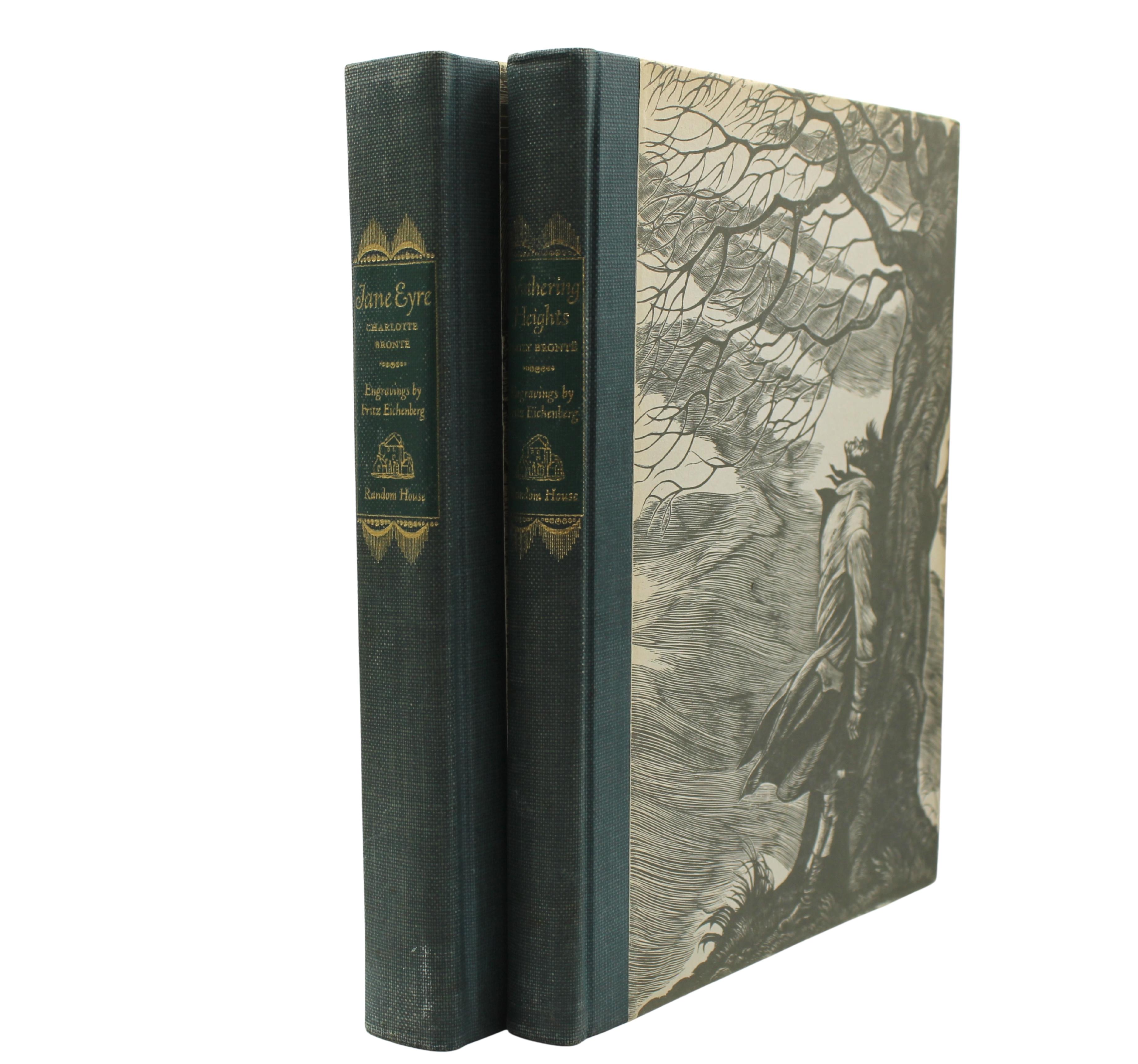 Brontë, Charlotte. Jane Eyre. [Brontë, Emily. Cime Tempestose. New York: Random House, 1943. Set da collezione in due volumi. Illustrazioni xilografiche di Fritz Eichenberg. Design tipografico di Richard Ellis.  Presentato in un quarto di tela verde