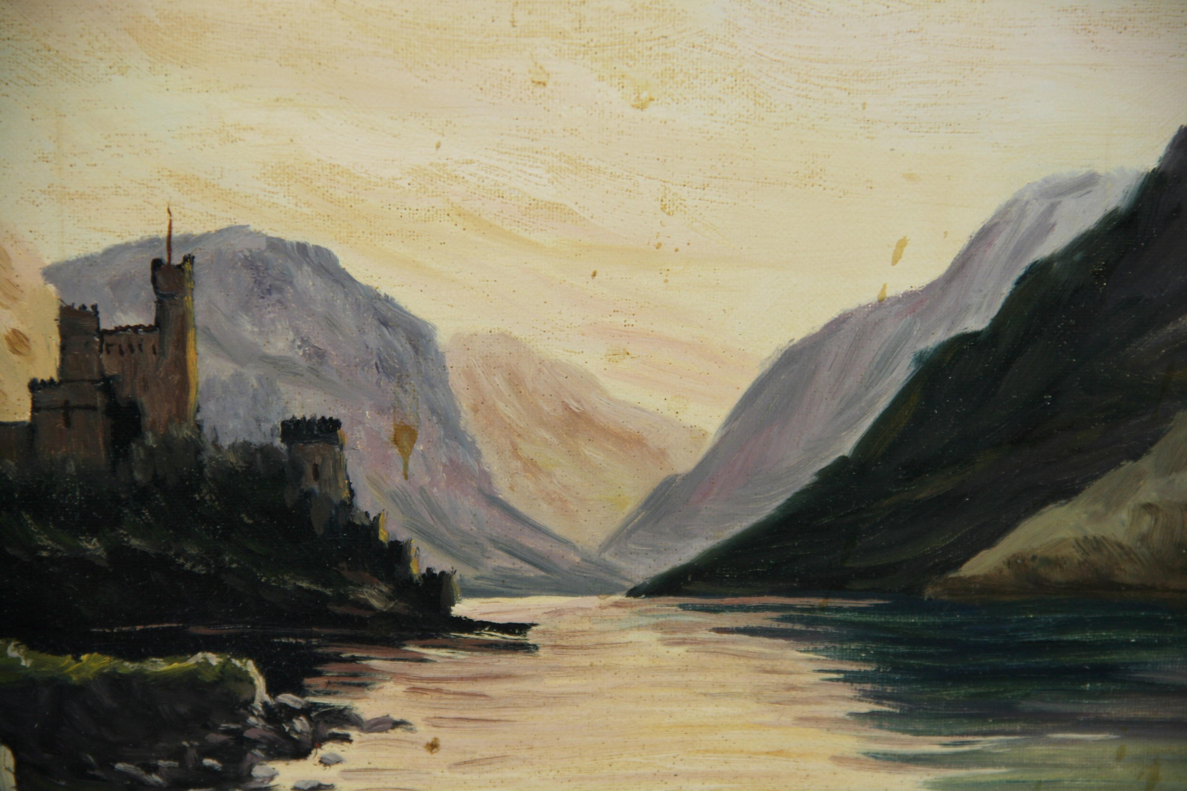 Irish Landscape oil Painting Glenveigl Castle 1940 - Beige Landscape Painting by Jane Foly