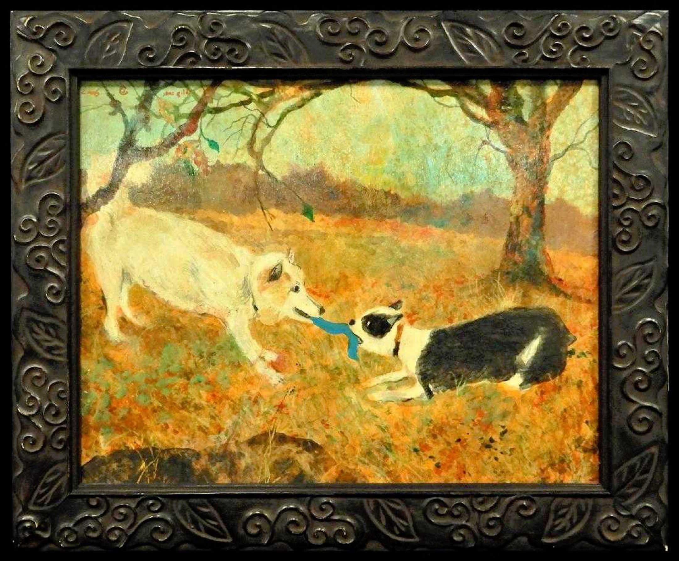 Jane Gilday, dogs in landscape, 2006
Oil on board
signed and dated upper left
sight size 13 1/2