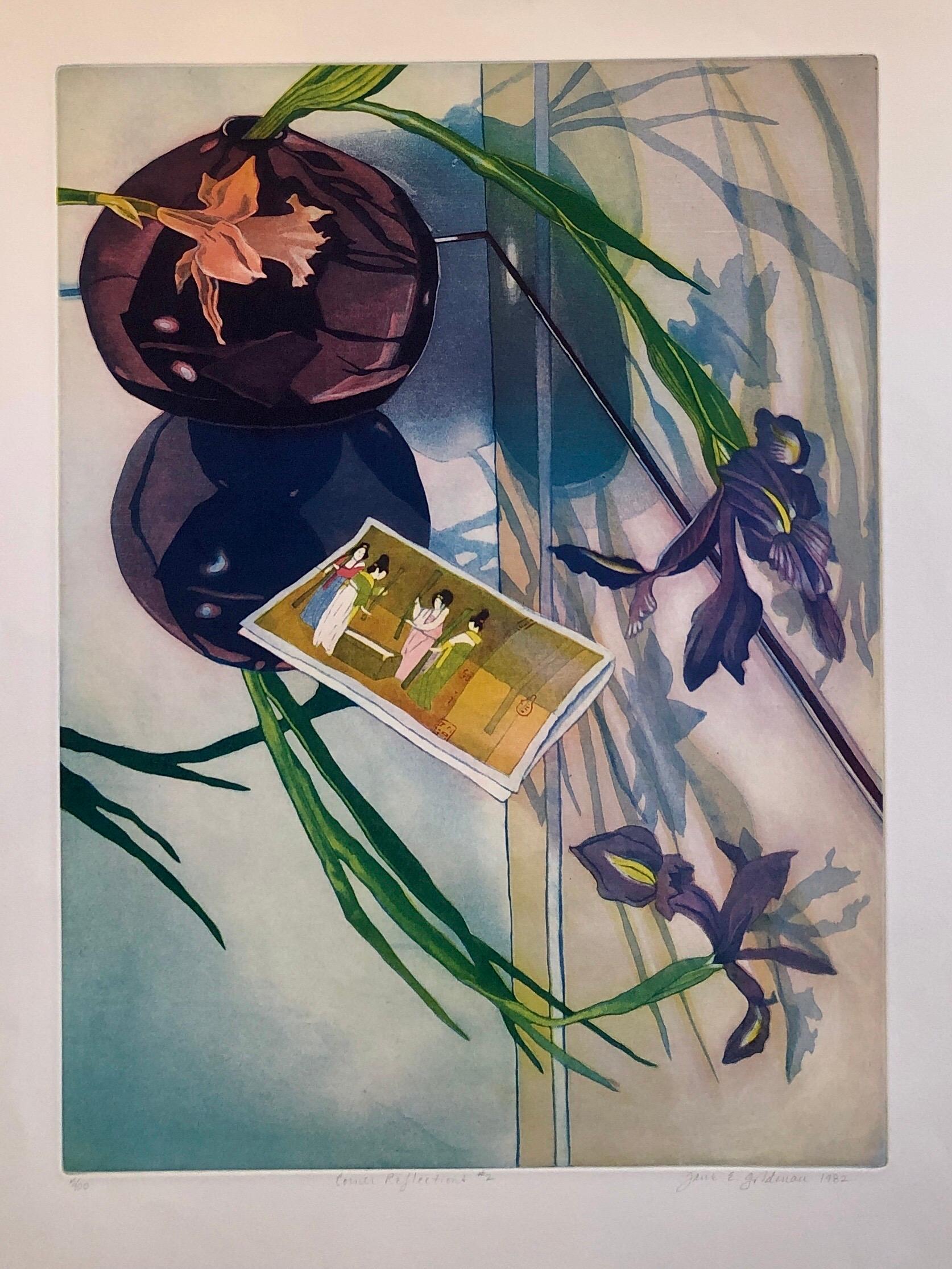 Jane Goldman Contemporary Floral Luminous Color Etching Flowers Chinese Geishas en vente 2