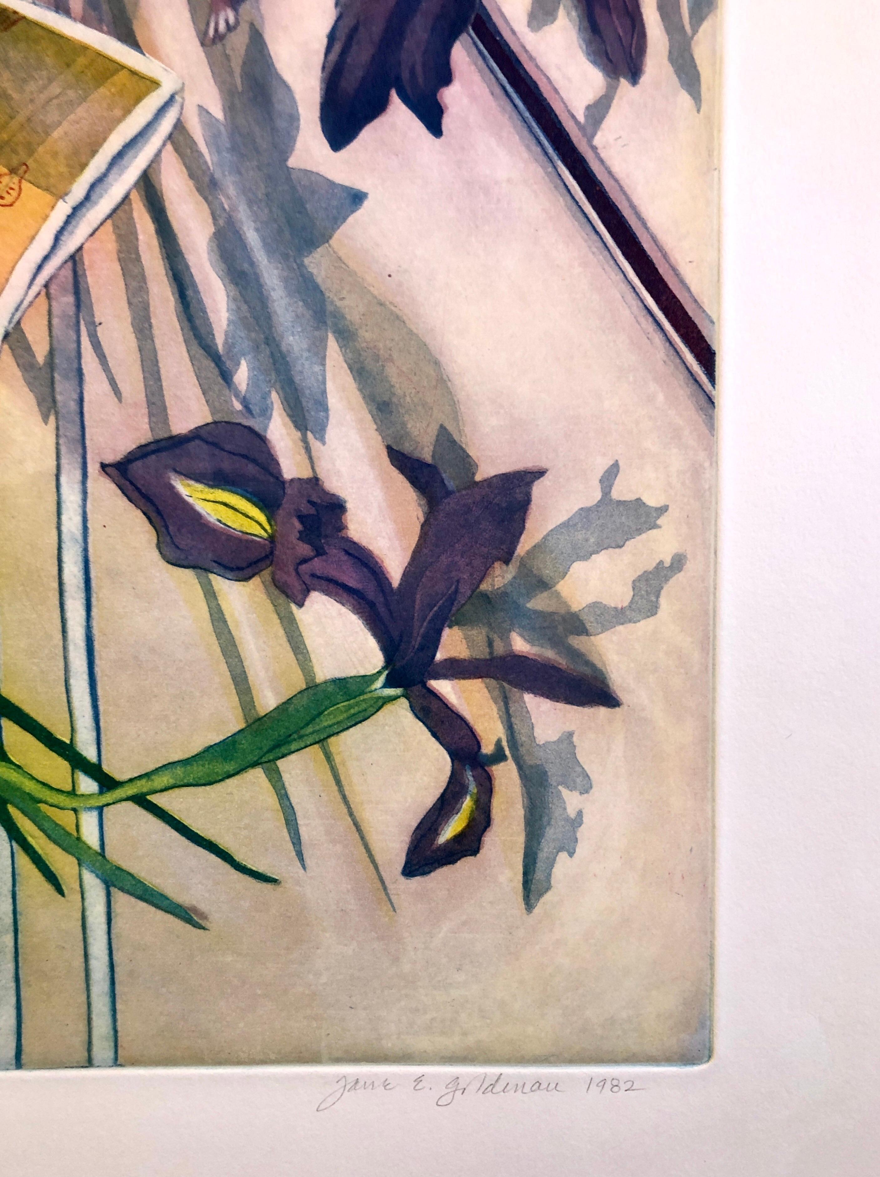 Jane Goldman Contemporary Floral Luminous Color Etching Flowers Chinese Geishas en vente 7