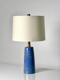 Gordon and Jane Martz Blue Ceramic Walnut Table Lamp with Incised Motif 1960s
