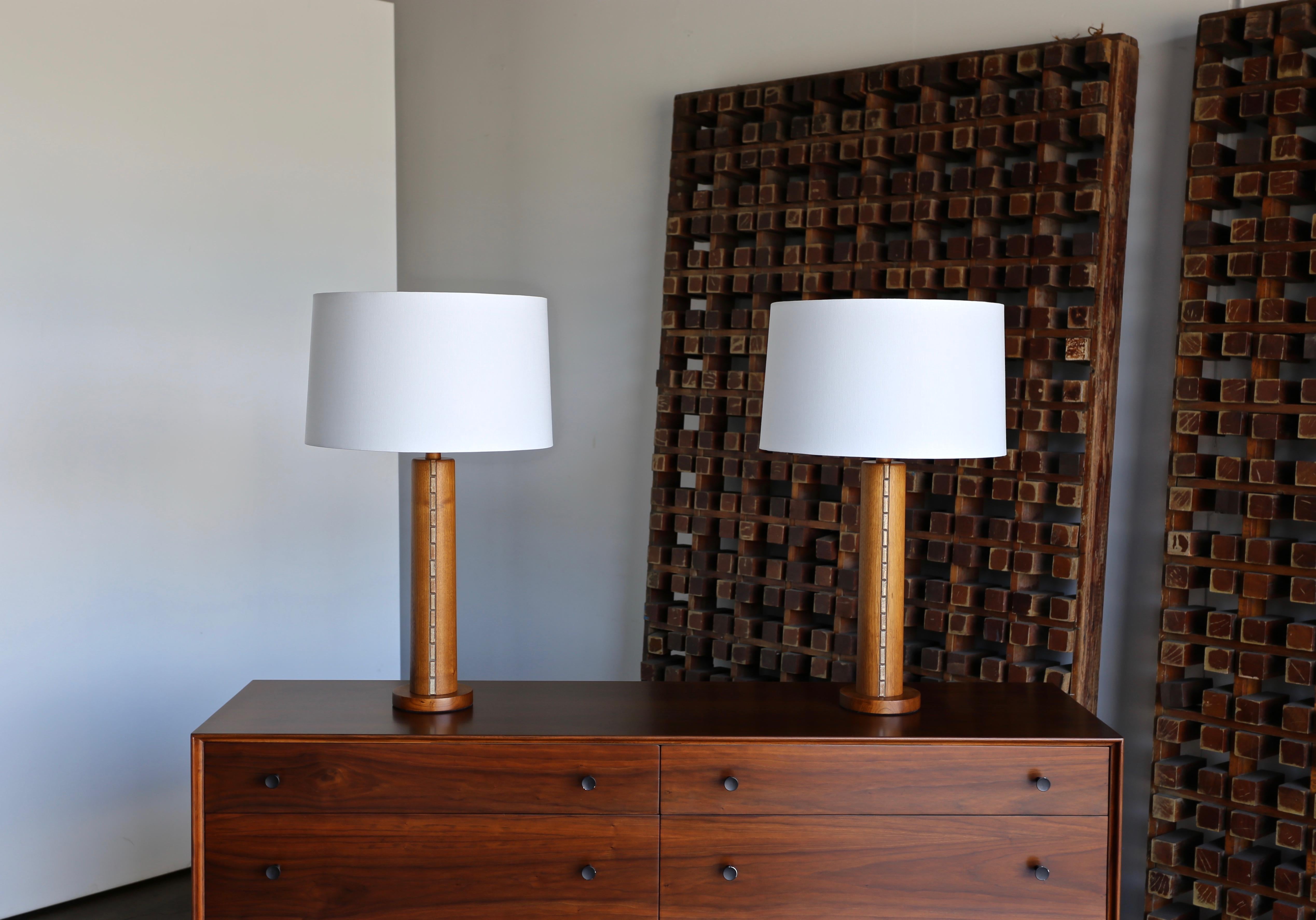Jane & Gordon Martz walnut and ceramic tile lamps for Marshall Studios, circa 1960. This pair has been professionally rewired. New custom shades. 

The listed measurements include the shades.