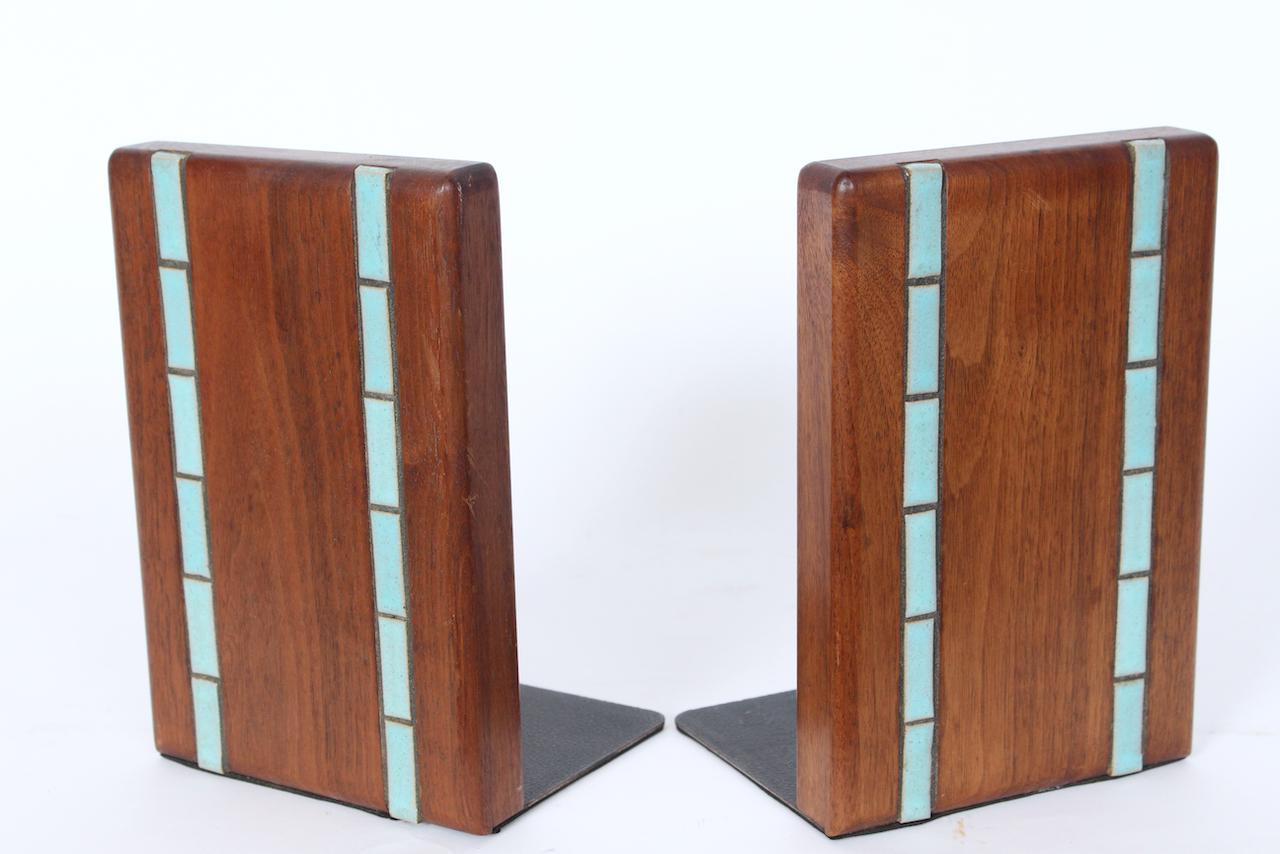 Pair of Jane and Gordon Martz for Marshall Studios Walnut & PAle Turquoise Ceramic Tile Bookends. Featuring 1