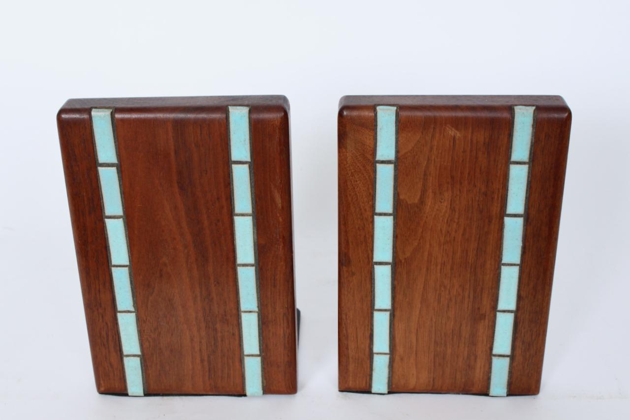 Jane & Gordon Martz Marshall Studios Walnut & Aqua Tile Bookends, C. 1970 1