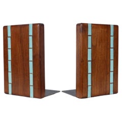 Retro Jane & Gordon Martz Marshall Studios Walnut & Aqua Tile Bookends, C. 1970