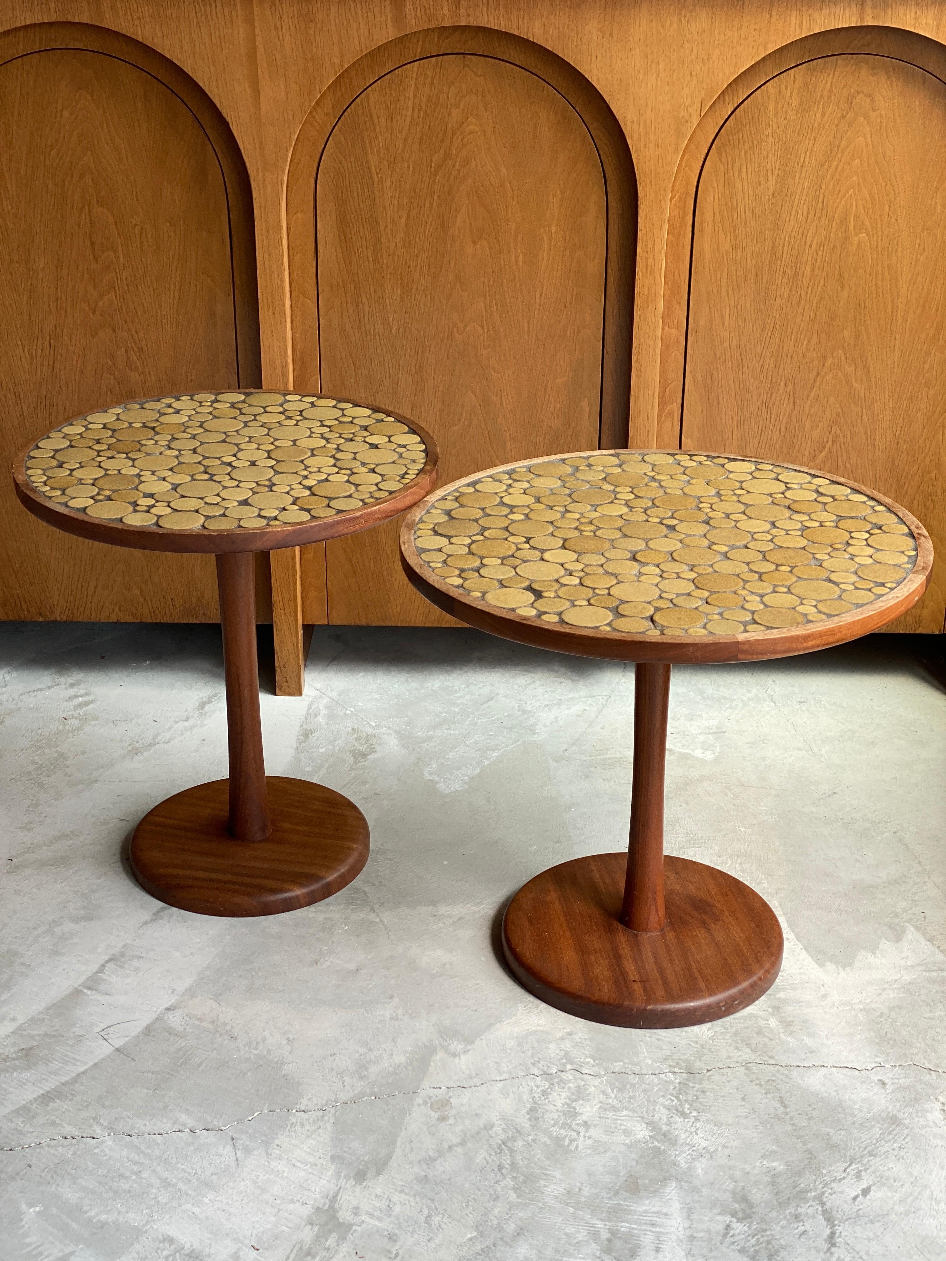 Mid-Century Modern Jane & Gordon Martz, Side Tables, Ceramic Inlay, Wood, Marshal Studios, 1950s