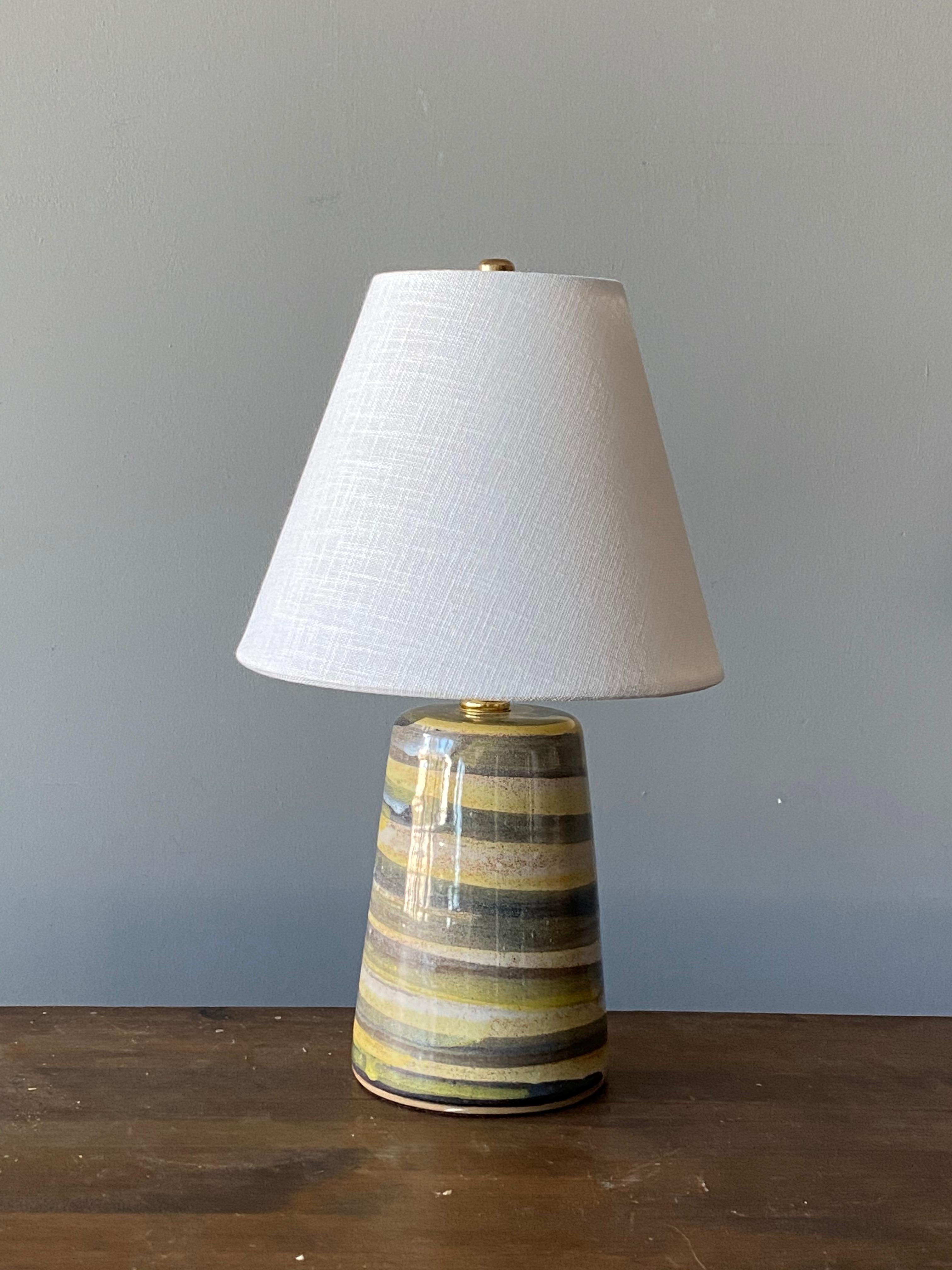 A table lamp designed by husband and wife duo Jane & Gordon Martz. Produced by Marshall Studios, Indianapolis. 

The base is slip-cast and then dipped into glaze and hand painted. Base is signed.

Lampshade on bulb-clip is not included in purchase.