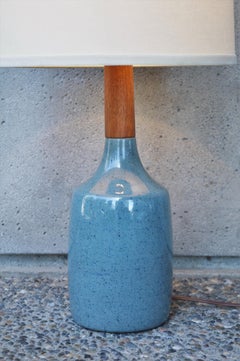 Jane & Gordon Martz Speckled Blue Ceramic & Teak Lamp-Teak Finial & Newer Shade