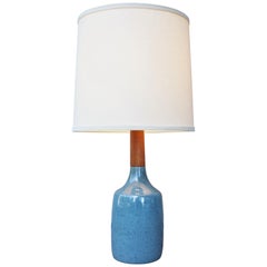 Vintage Jane & Gordon Martz Speckled Blue Ceramic & Teak Lamp-Teak Finial & Newer Shade